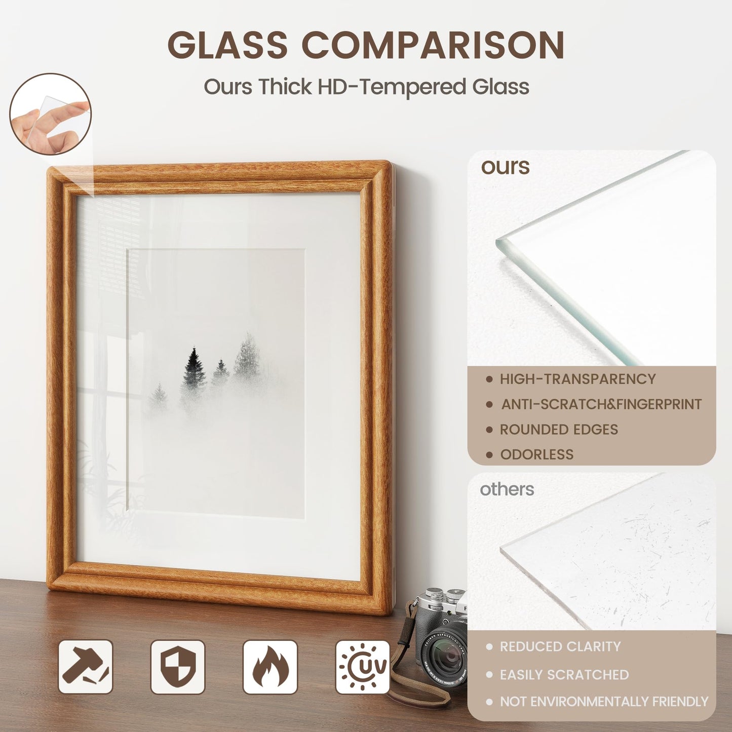 8x10 Picture Frame, USA-Sourced Natural Solid Teak Wood Photo Collage Frame with HD Tempered Glass, Rounded Corner 8 x 10 Wooden Frame Matted to 5x7, Gallery Wall Frames for Wall or Tabletop Display