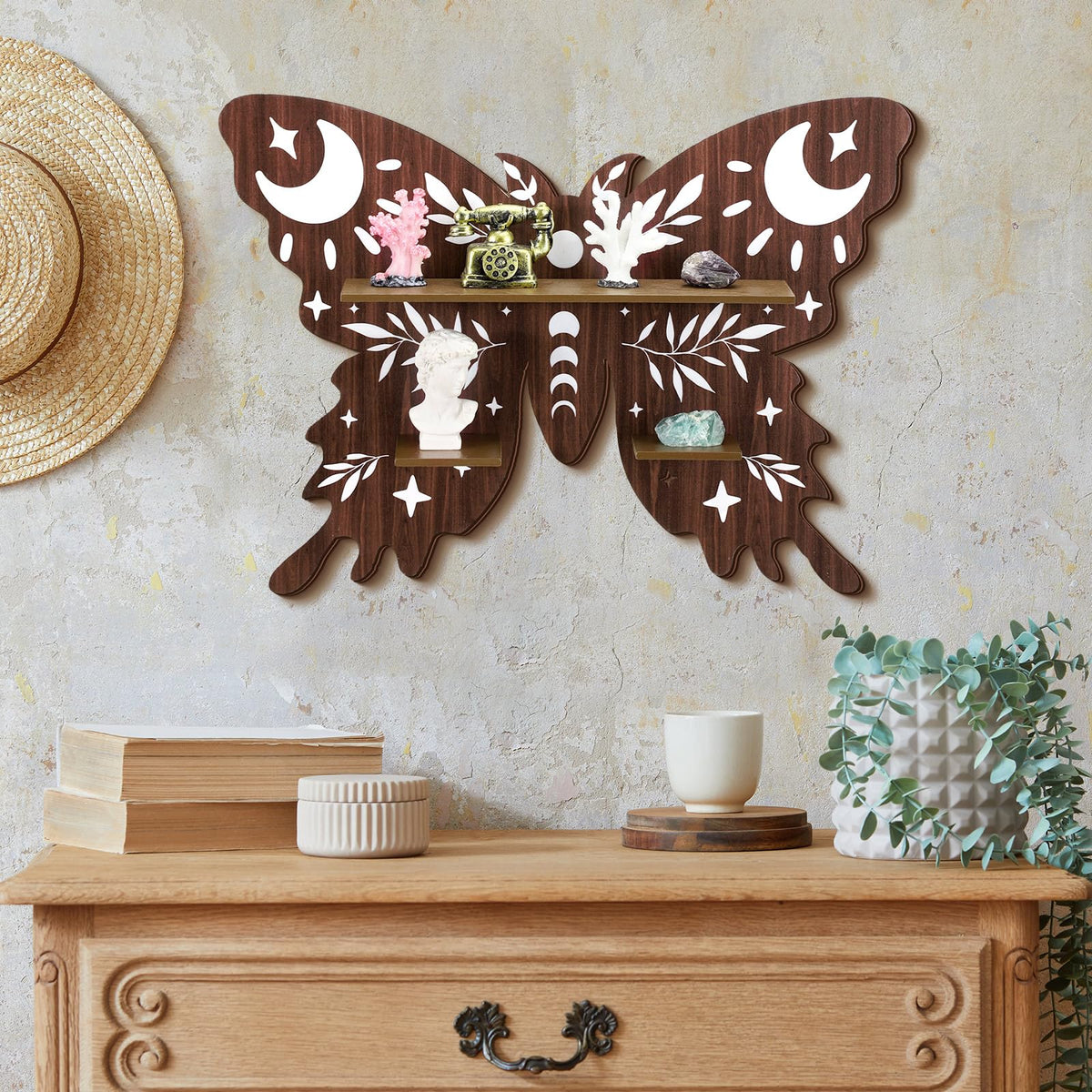 Kigley 3 Pcs Luna Moth Crystal Shelf Display Boho Wood Wall Floating Shelves Butterfly Heart Crystal Shelf Moon Decor for Gem Stone Essential Oil Storage Witchy Home Rustic Decor (Butterfly)