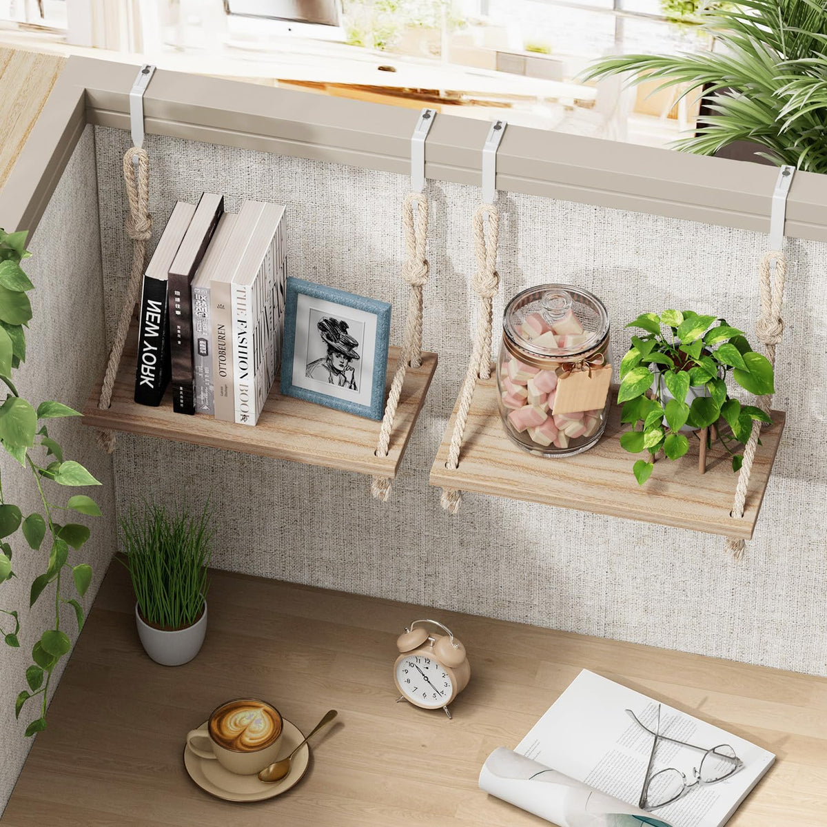 2 Pack Fabric Wall Cubicle Shelf, 11.8" Wooden Hanging Cubicle Shelf Organizer with Hooks, Dual Mounting Options, Cotton Rope Storage Shelf, No-Drill Boho Style for Office Cubicles & Desk Decor