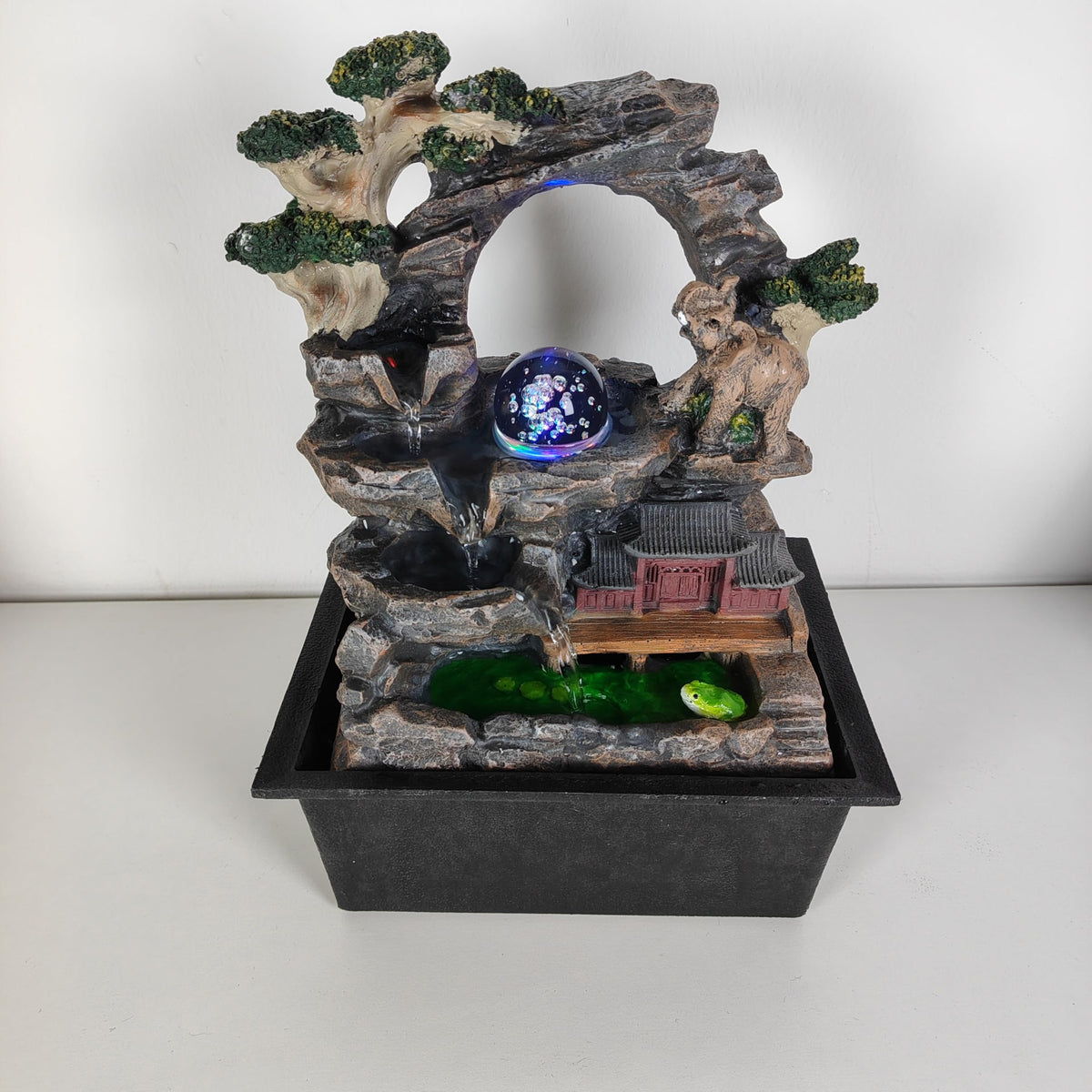 Elephant Asian Pagoda Tabletop Water Fountain, LED Crystal Ball Cascading Rock Waterfall, Indoor Outdoor Zen Decor for Home Office Patio, Soothing Relaxation Sound, Housewarming Gift