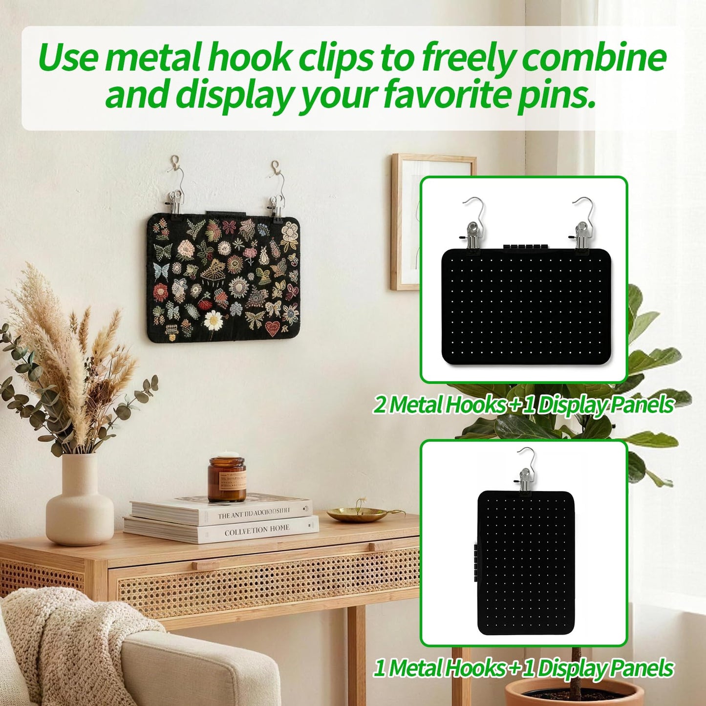 CENELO Hanging Pin Display Panels Organizer with 5 Loose-Leaf Board Pieces & 4 Hooks