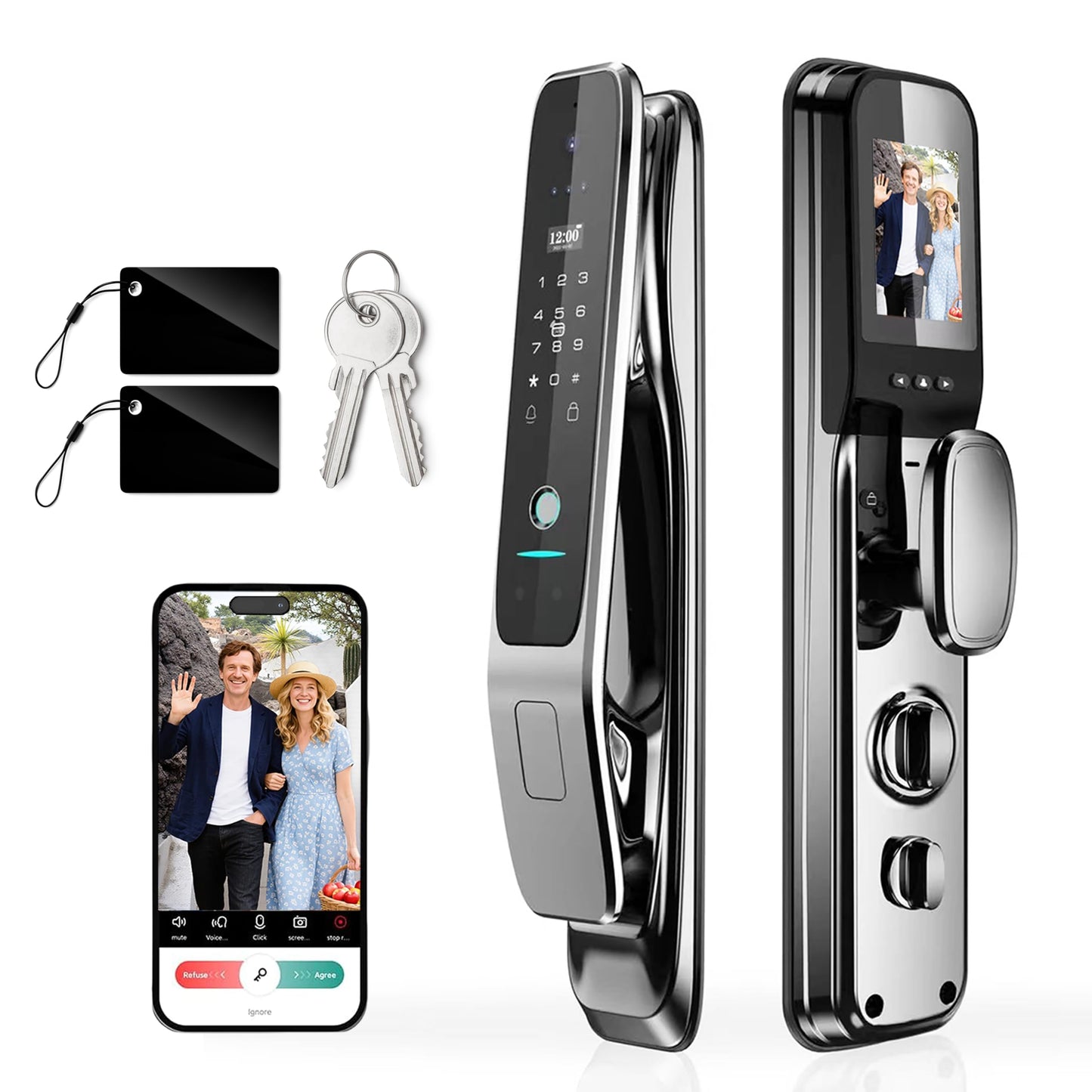 Gooway 3D Face Recognition Smart Lock with Camera & Handle, Palm Vein Keyless Entry, Video Doorbell, 8-in-1 Unlock, 4" HD Screen, 2-Way Talk, Tuya App, IP67 Waterproof, Door Lock for Front Door.