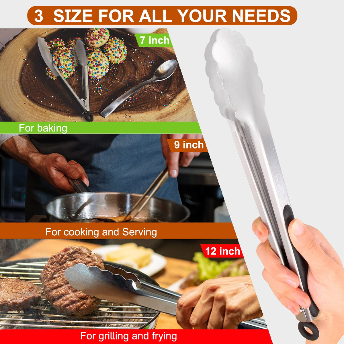 9 Pieces Stainless Steel Kitchen Tongs Grilling Locking Cooking Tongs Non-Slip Metal Food Tongs for Cooking, Salad and BBQ, 7, 9 and 12 Inch