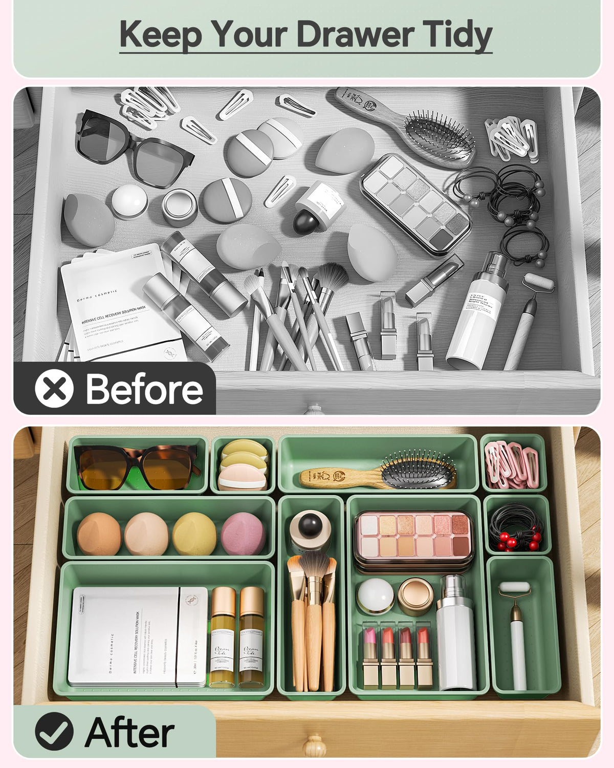 KEMETHY 25 PCS Plastic Drawer Organizers Set, 4 Sizes Vanity Organizer, Makeup and Desk Drawer Organizer Trays, Organization and Storage for Makeup, Bathroom, Kitchen Utensils and Office (Green)
