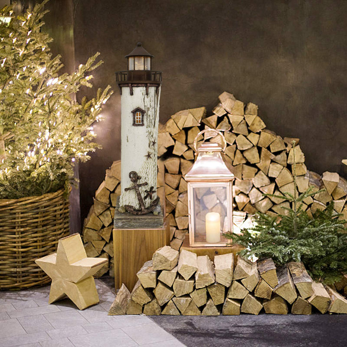 Wooden Lighthouse Decor with Light, Decorative Nautical Lighthouse Nightlight Rustic Ocean Sea Beach Themed Lighthouse Decoration