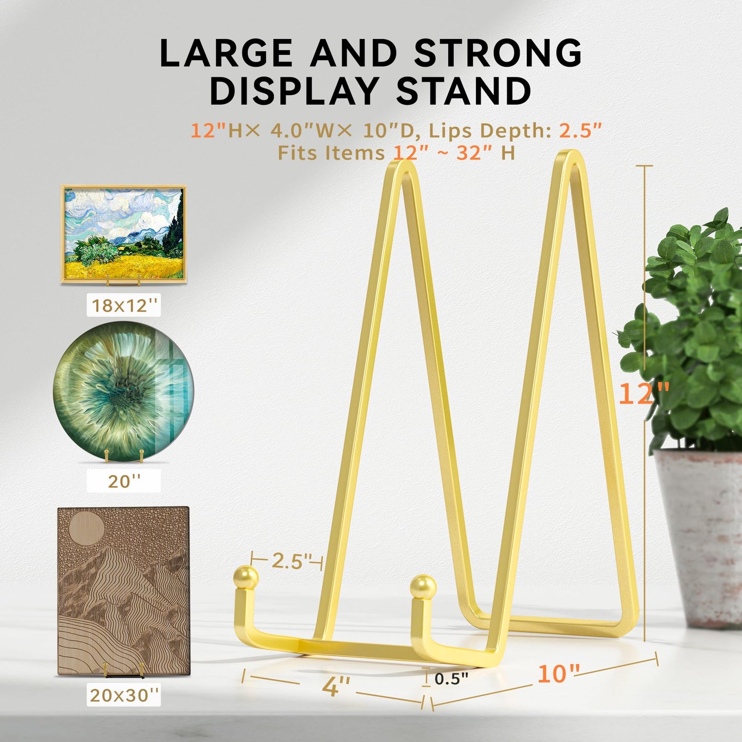 IPAME Plate Stands for Display 12 Inch Heavy Duty - Metal Picture Frame Easel Stands for Large Plates, Books, Platters, Plaques, Decor (Gold 2 Pack)