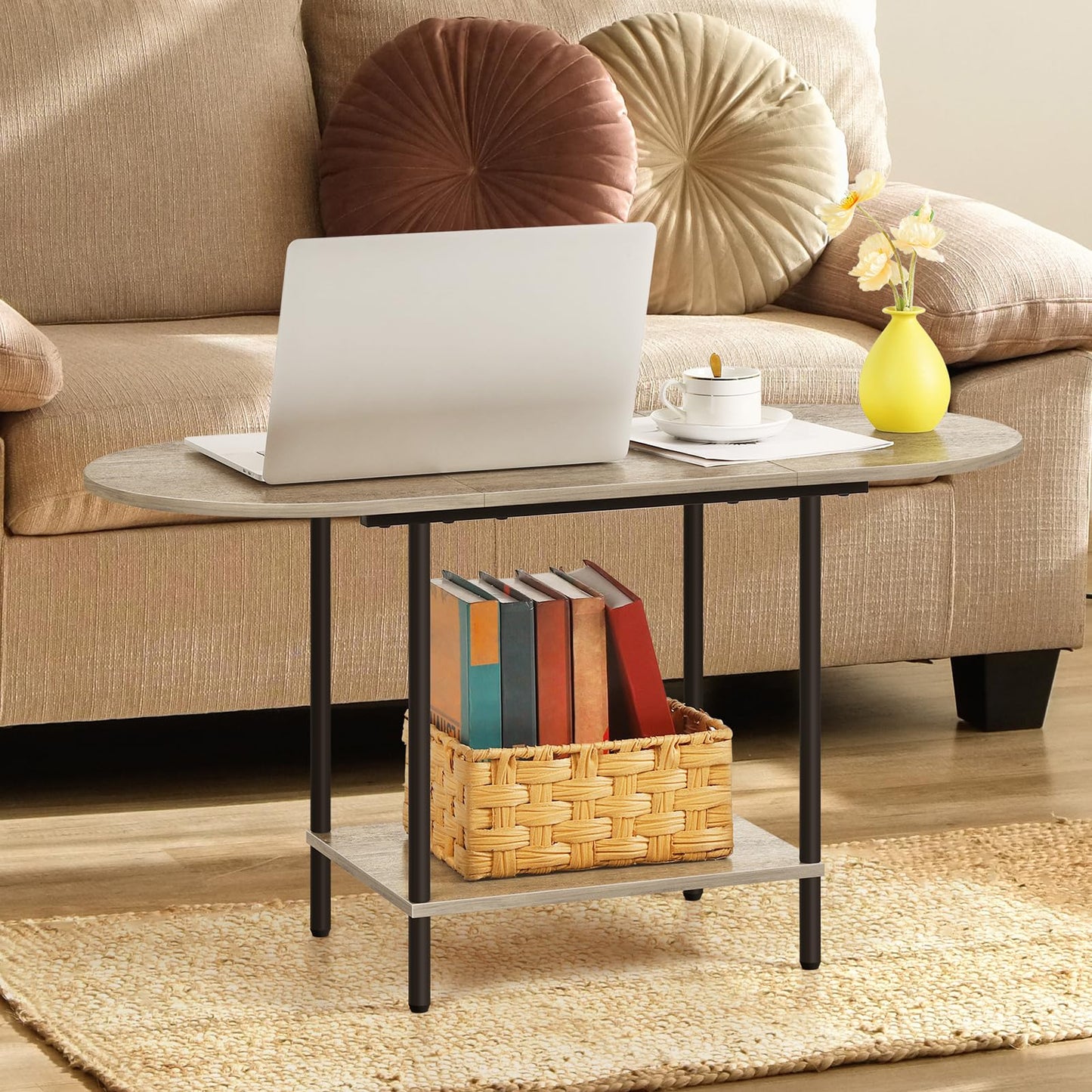 OYEAL Coffee Tables for Living Room 2-Tier Small Oval Table with Storage Shelf Mid Century Round Center Table for Display, Small Space,Home Office, Rustic Grey