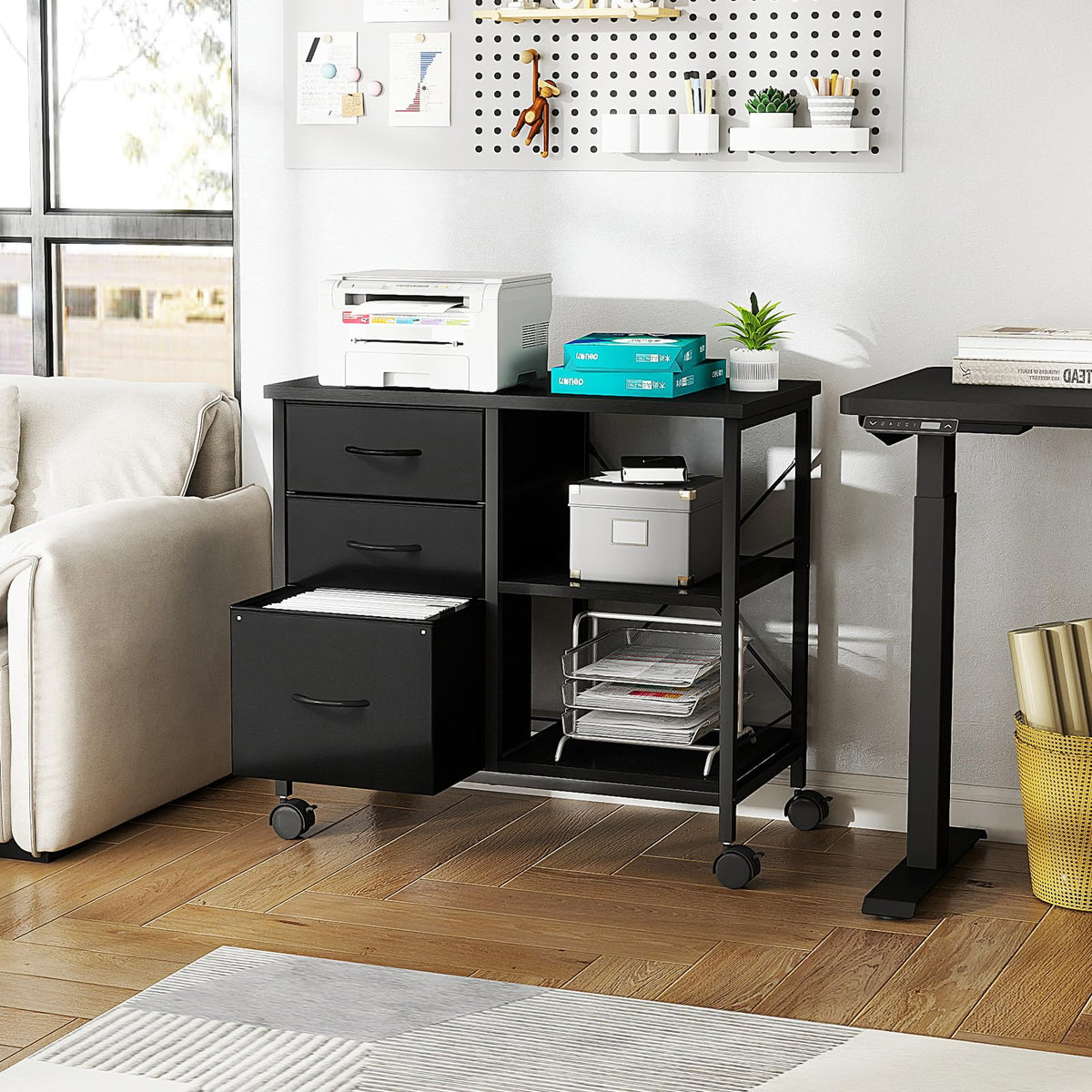 DUMOS 3-Tier Mobile File Cabinet, Printer Stand with Storage, Office Table with Drawers and Back Support Bar, Holds 110lb for Home Office, Rustic Black