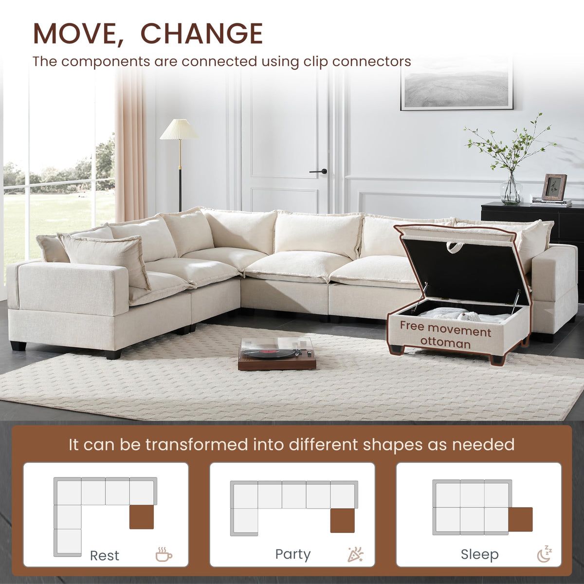 Merax Modern U-Shaped Modular Couch Set with Storage Ottoman, Chenille 7-Seat Sectional Sofa Sleeper Bed with Wide Seat for Living Room, Free Combination,Off White