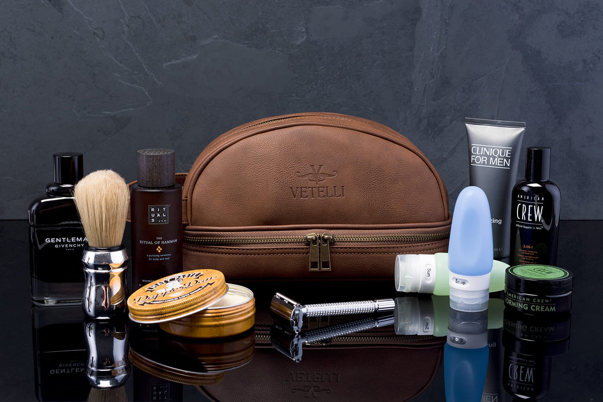 Vetell Classic Leather Men's Travel Toiletry Bag and Dopp Kit with Upper and Lower Zippered Compartments, 2 Mesh Bottle Pouches and Carrying Handle