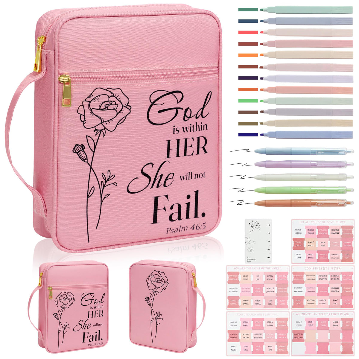 Bible Cover for Women, Bible Holder, Bible Study Supplies Accessories Bible Cover Carrier Carrying Organizer Bag, Zipper and Pockets for Standard Size Bible, Gift for Women（pinksuit）