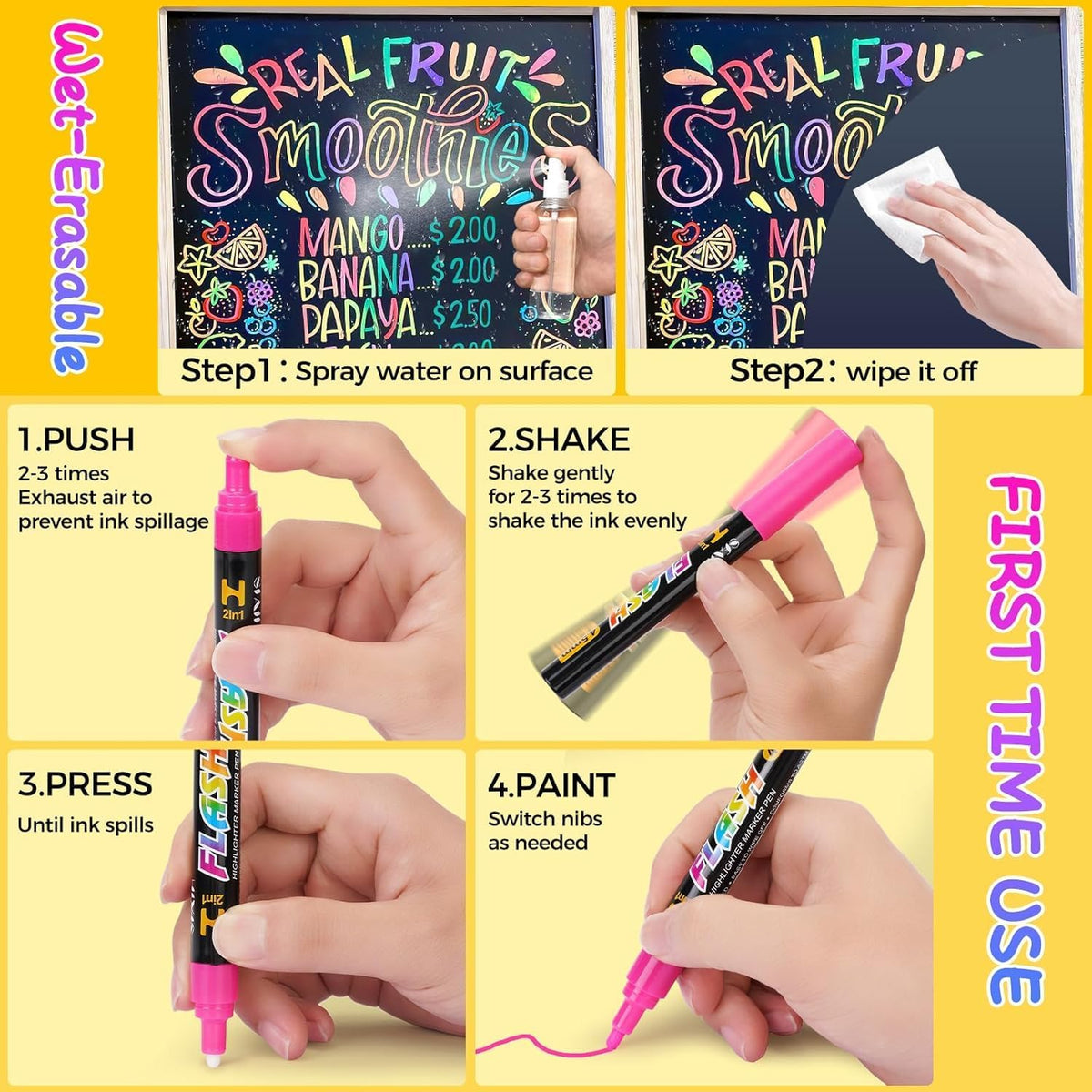 SFAIH 24 Vibrant Chalk Markers for Blackboard [1s Wet Wipe] - No Residue, 6mm Chalk Markers for Chalkboard Calendar, Glass, Window, Menus, Labels, Signs, Car, Non-Toxic, Ideal for Bistro Home