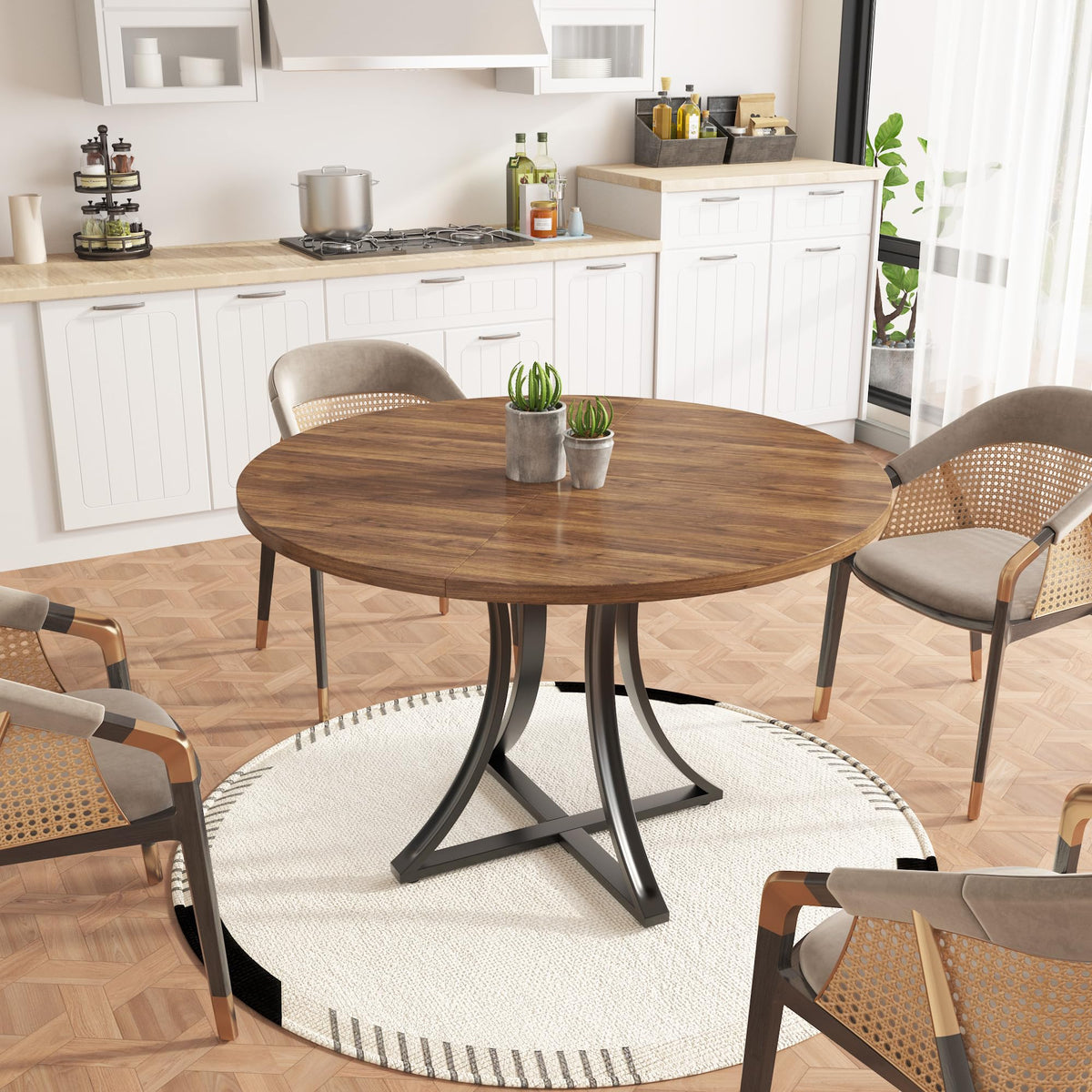 40 Inch Round Dining Table for 4 People, Modern Farmhouse Kitchen Table, Adjustable Feet, Circle Wood Dinner Table for Dining Room, Living Room, Apartment, Easy Assembly