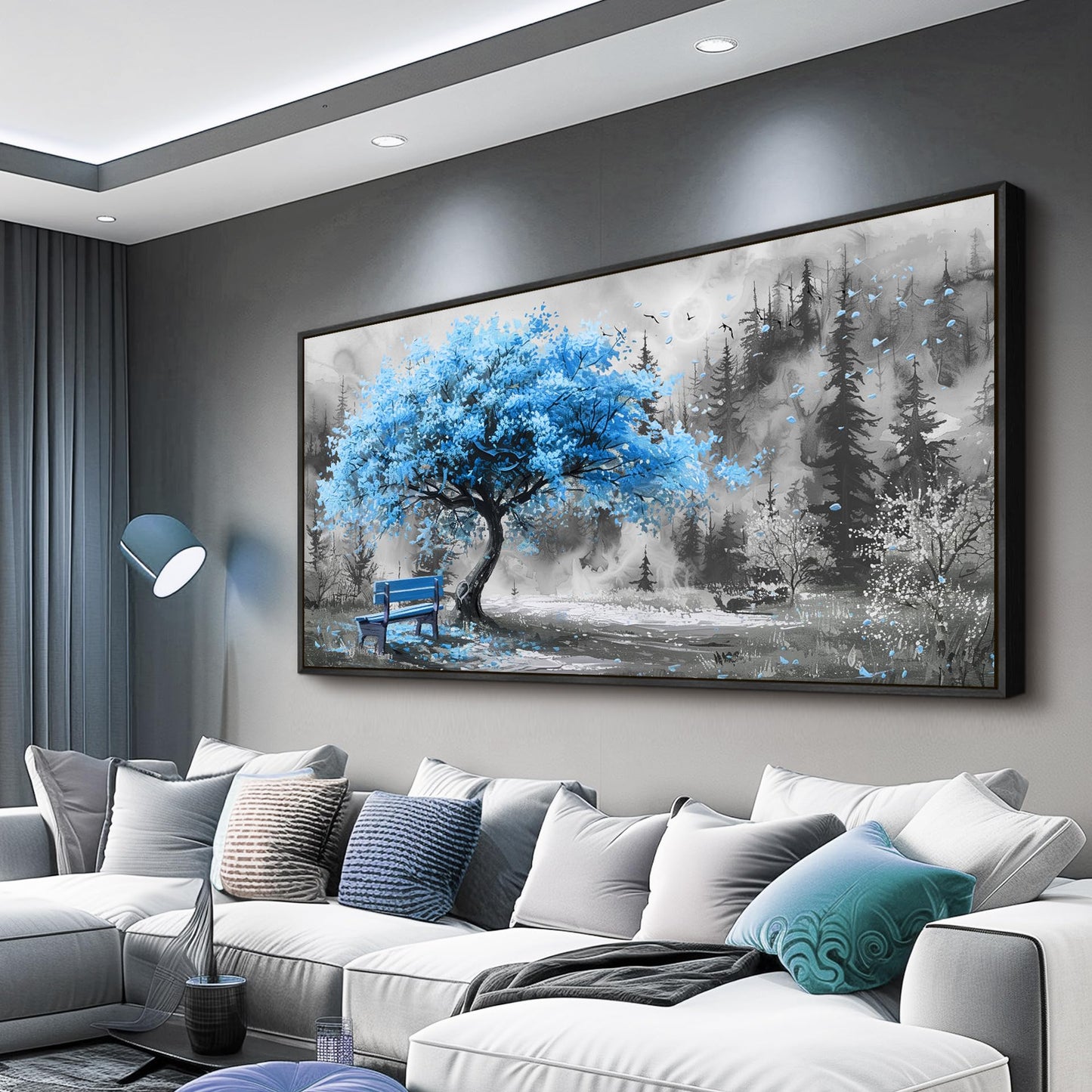 ZUITINGHUA Black Framed Canvas Wall Art For Living Room Wall Decor For Bedroom Office Wall Decoration Blue Tree Landscape Painting Black And White Picture Artwork Room Aesthetic Home Decor 20x40 In