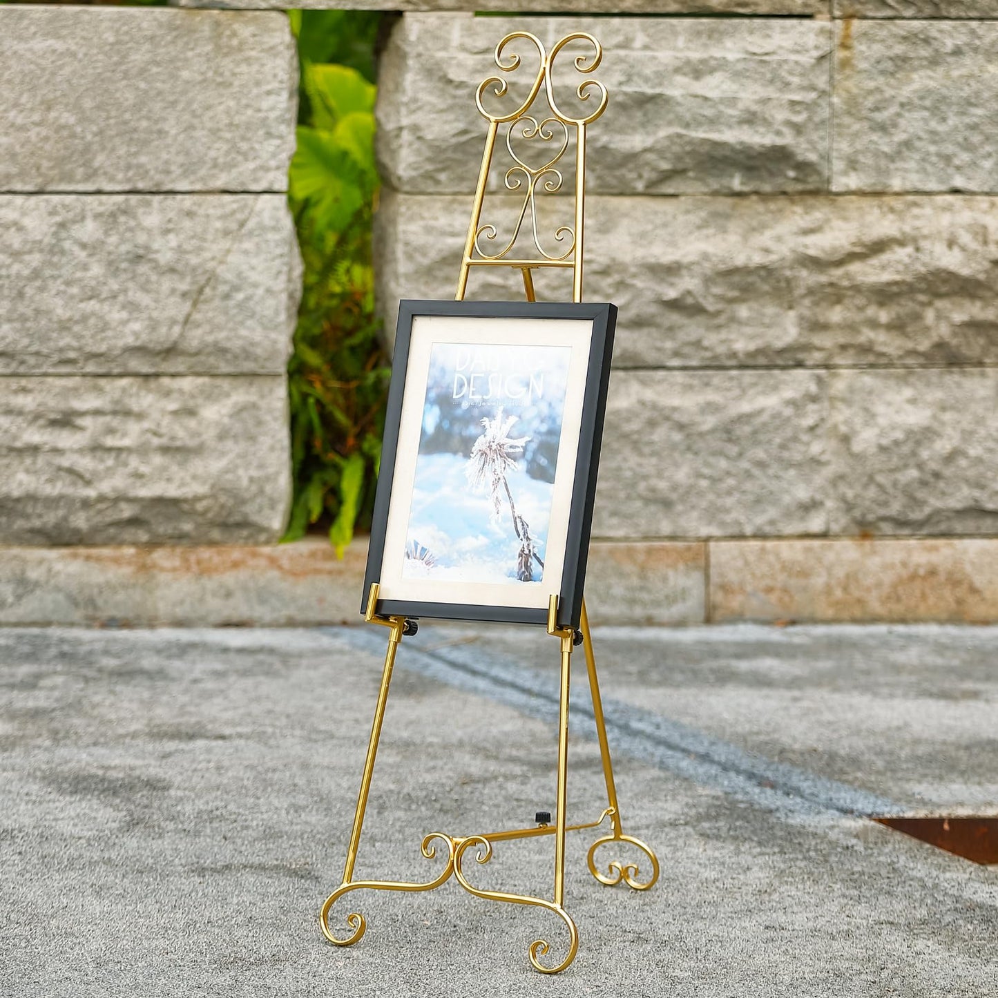 Metal Large Free Standing Adjustable Display Stand Scroll Easel with Chain Support, Gold Easel Stand for Sign, Heavy Duty Easel for Mirror, Wedding, Picture Frame (No Installation Required)
