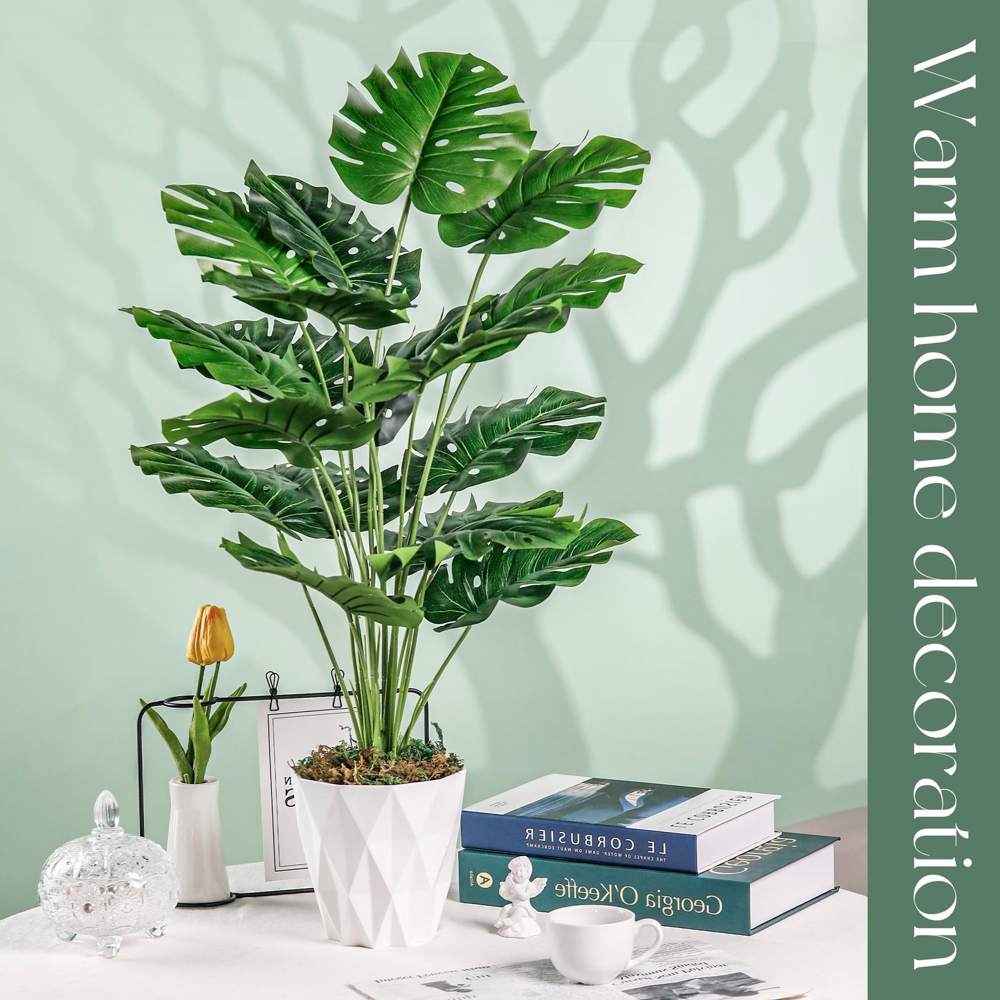 Toopify 28"" Fake Plants Large Artificial Monstera Faux Plants Indoor with White Pot for Home Office Living Room Decor, Green