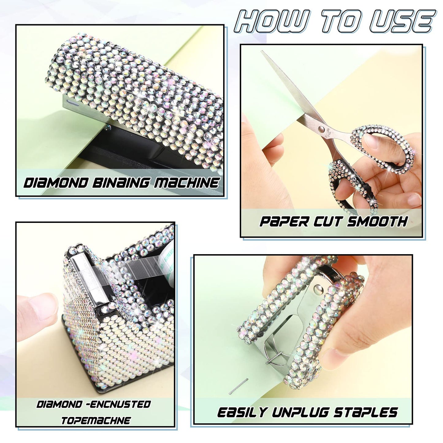 Teling 10 Pcs Bling Office Accessories for Desk Bling Crystal Office Supplies Set Desk Accessory Kit Glitter Stapler Staple Remover Tape Dispenser Diamond Pen Scissors for Women Home(Silver)