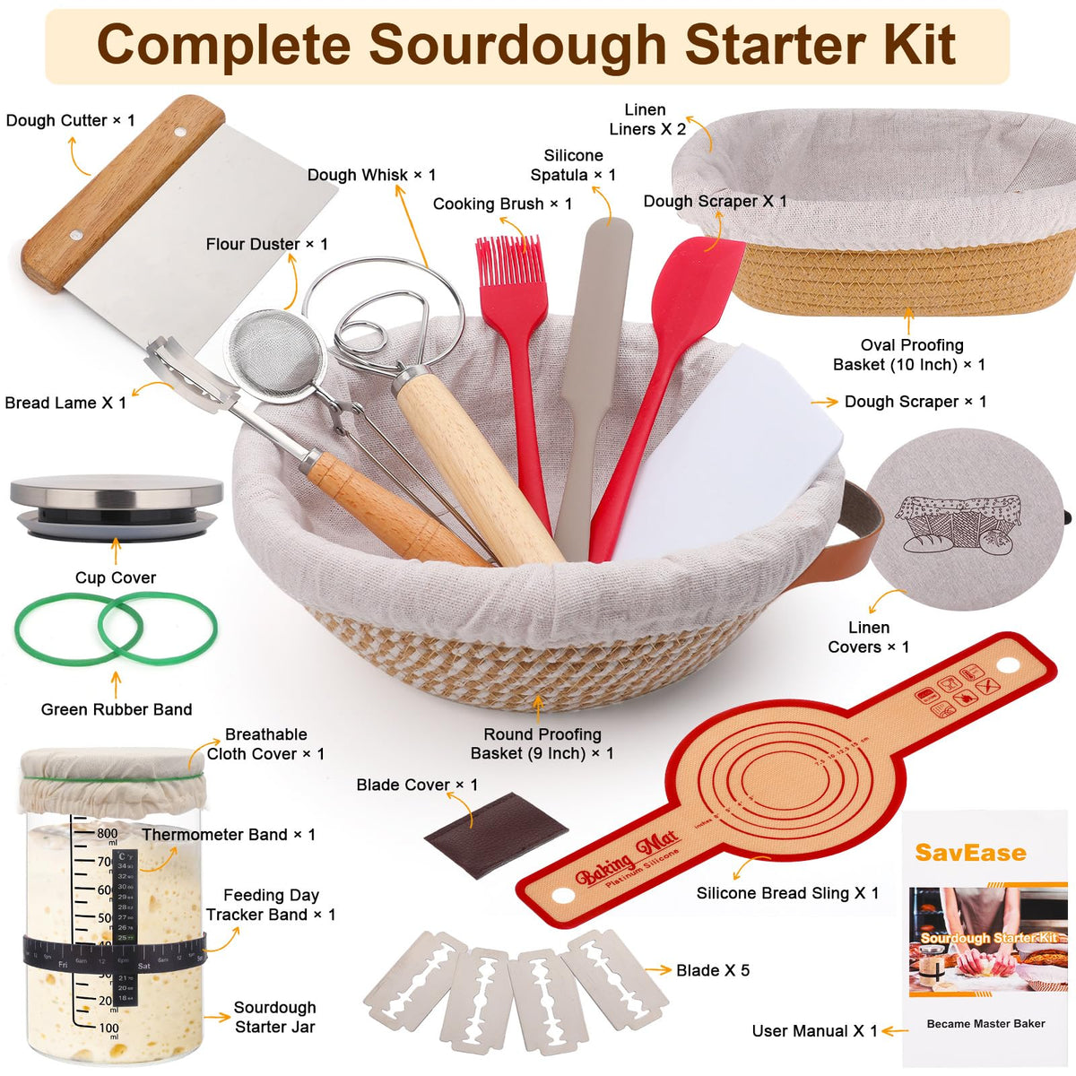 Sourdough Bread Baking Supplies, Complete Sourdough Starter Kit, 9" Round & 10" Oval Bread Proofing Basket with Sour dough Starter Jar, Bread Making Tools Gifts for Bakers Women Wife Mom