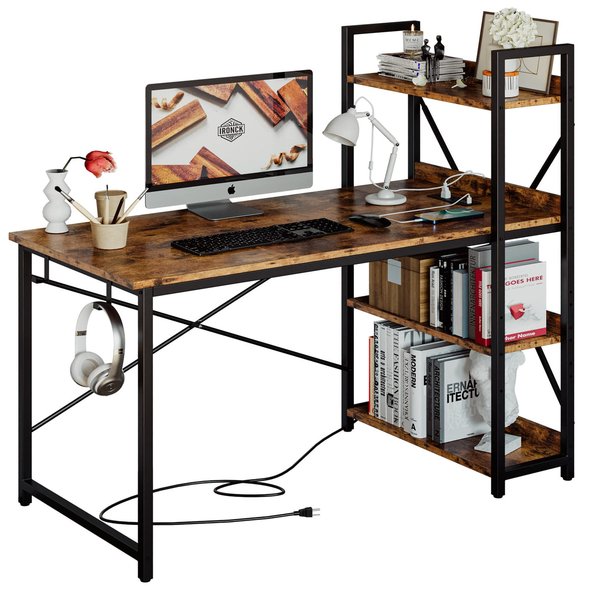 IRONCK Computer Desk 47" with Power Outlet and Storage Shelves, Study Writing Table with USB Ports Charging Station, PC Desk Workstation for Home Office, Rustic Brown