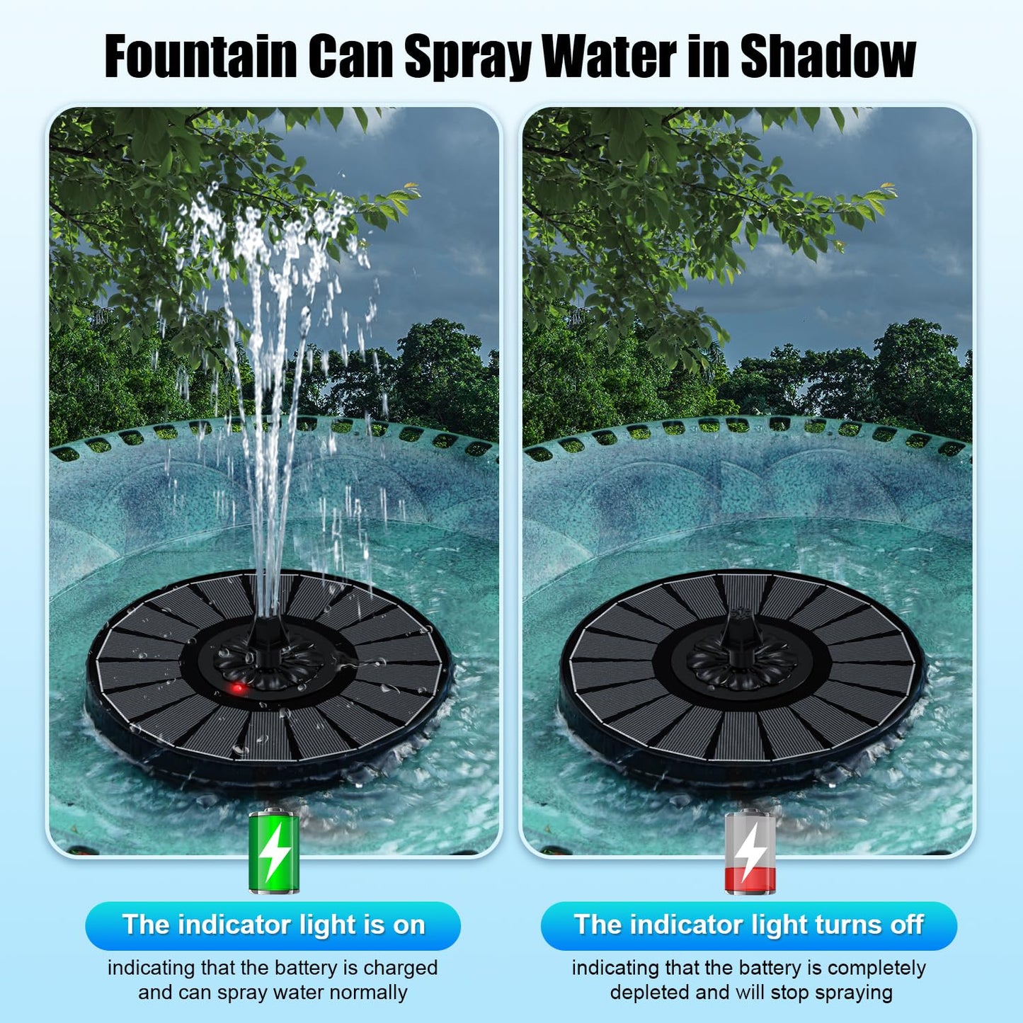 Solar Fountain Work On Cloudy Day,Solar Water Bird Bath Fountain with Faster Conversion Glass Solar Panel and Power Indicator,Built-in 2000mAh Battery,Outdoor Garden Decor(Black Panel)