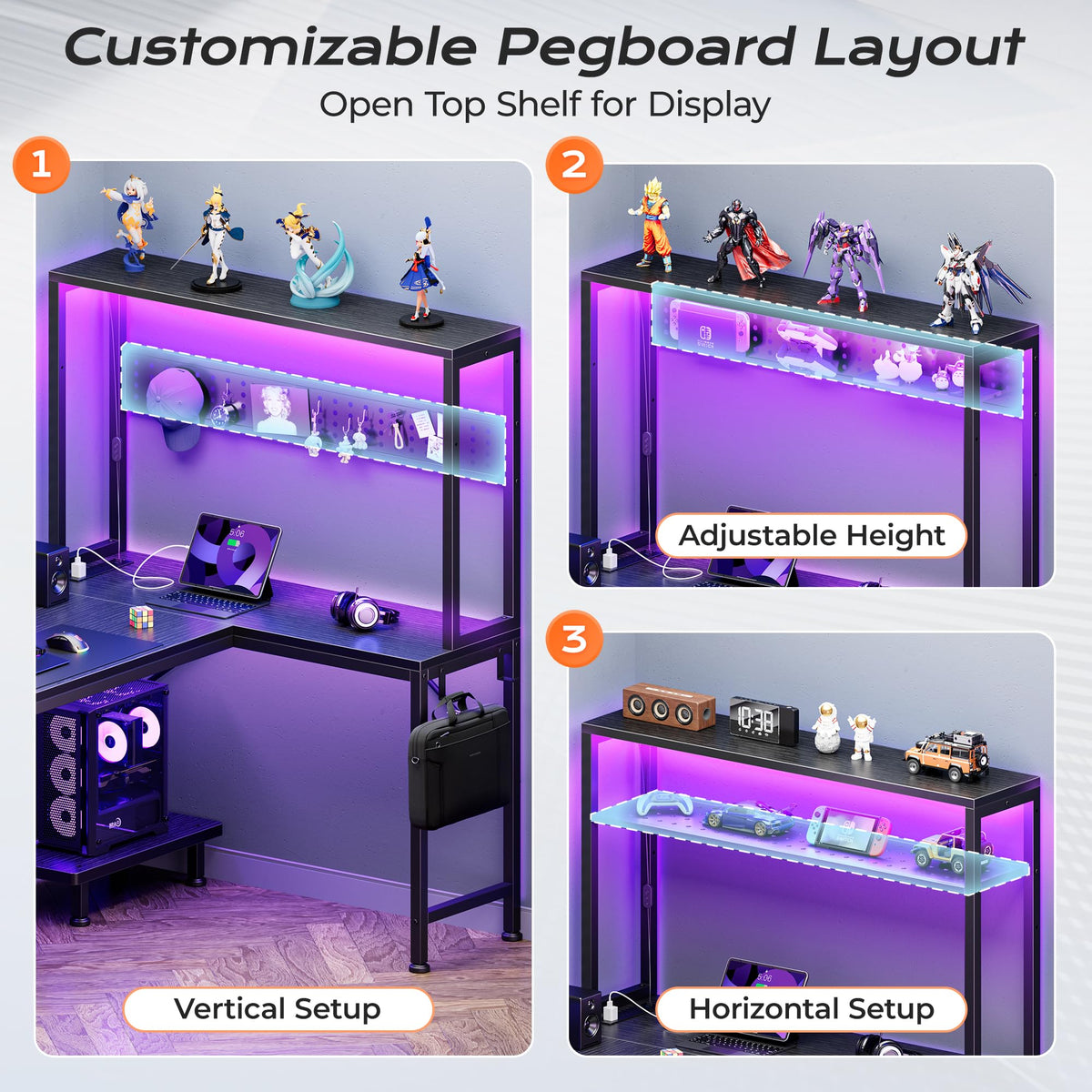PRAISUN 51.2" L Shaped Gaming Desk with Power Outlets & USB-C Port, LED Lights, Computer Desk with Pegboard, Corner Desk with Storage Shelves & Bag, Office Desk with CPU Stand for Home Office, Black