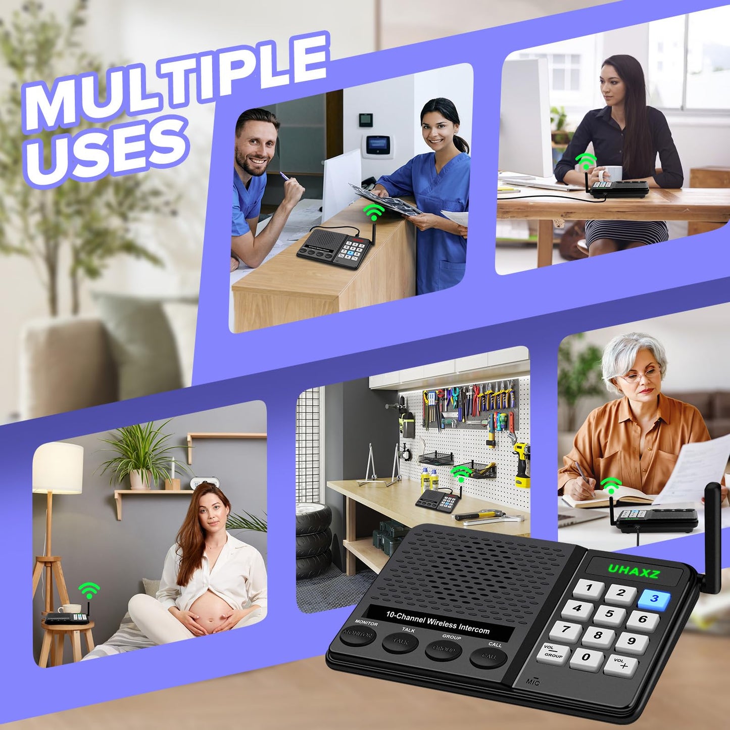 UHAXZ Intercoms Wireless for Home, Long Range Intercom 6000ft, Home Intercom System Wireless with Group Call, 10 Channel, 8 Volume Levels Intercom System for Busines Office Elderly(4 Packs)