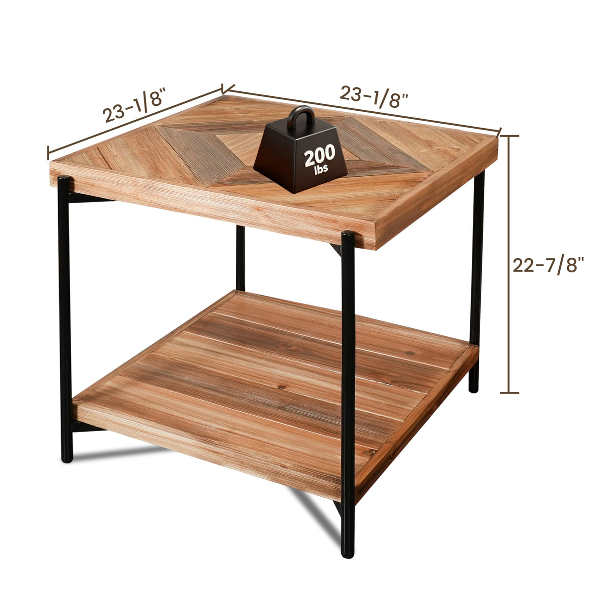 CONSDAN StoneCreek End Table 23 inch, Solid Fir Wood Side Table with Metal Frame, 2-Tier Storage Shelf, Square Nightstand for Living Room, Bedroom & Office, Rustic Style