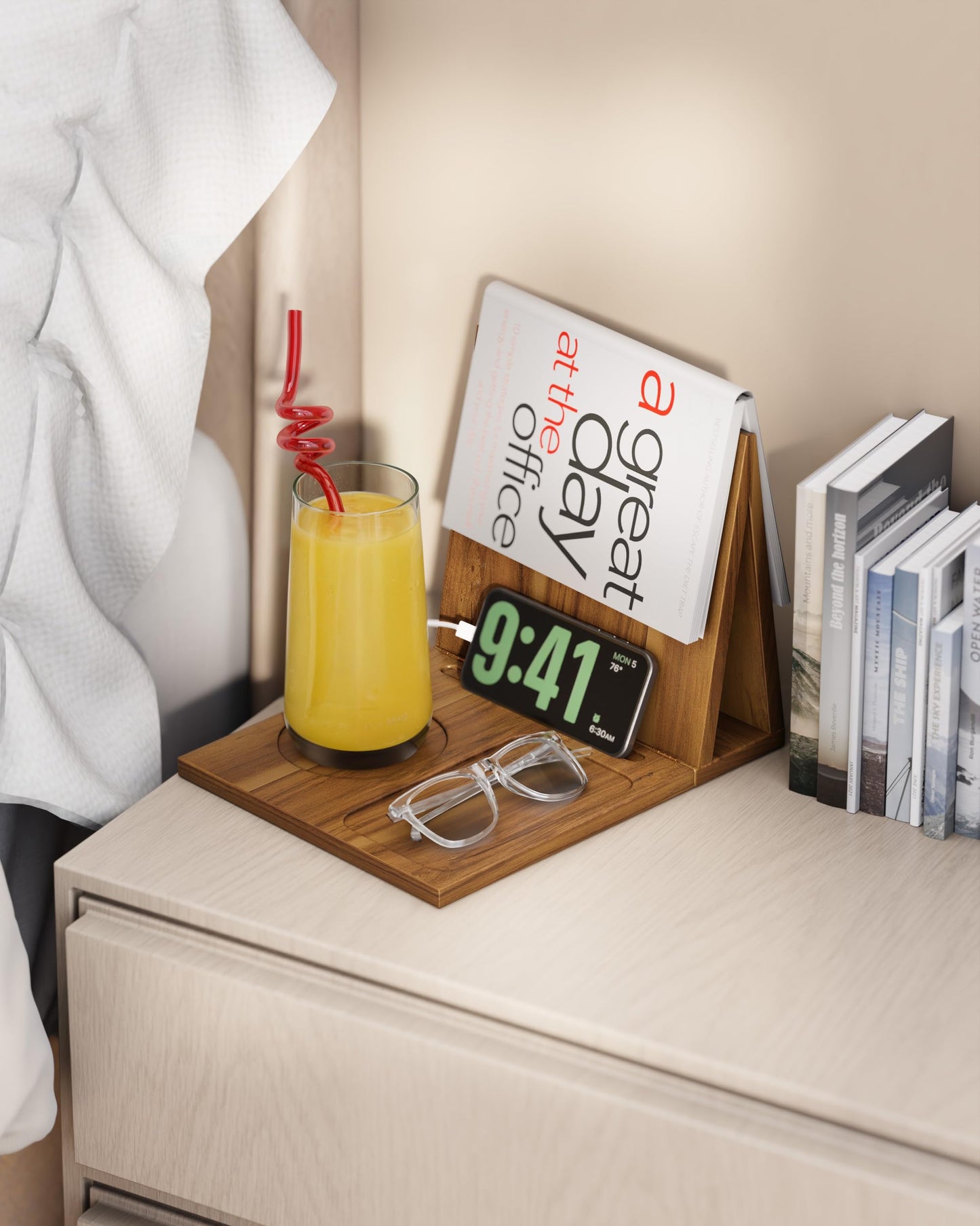 NAGAWOOD Triangle Book Holder, Book Rest, Acacia Foldable Book Nook Reading Valet, Triangle Book Stand with Cup, Pen, Glasses and Phone Holder for Bedroom, Nightstand or Office, Gifts for Book Lover