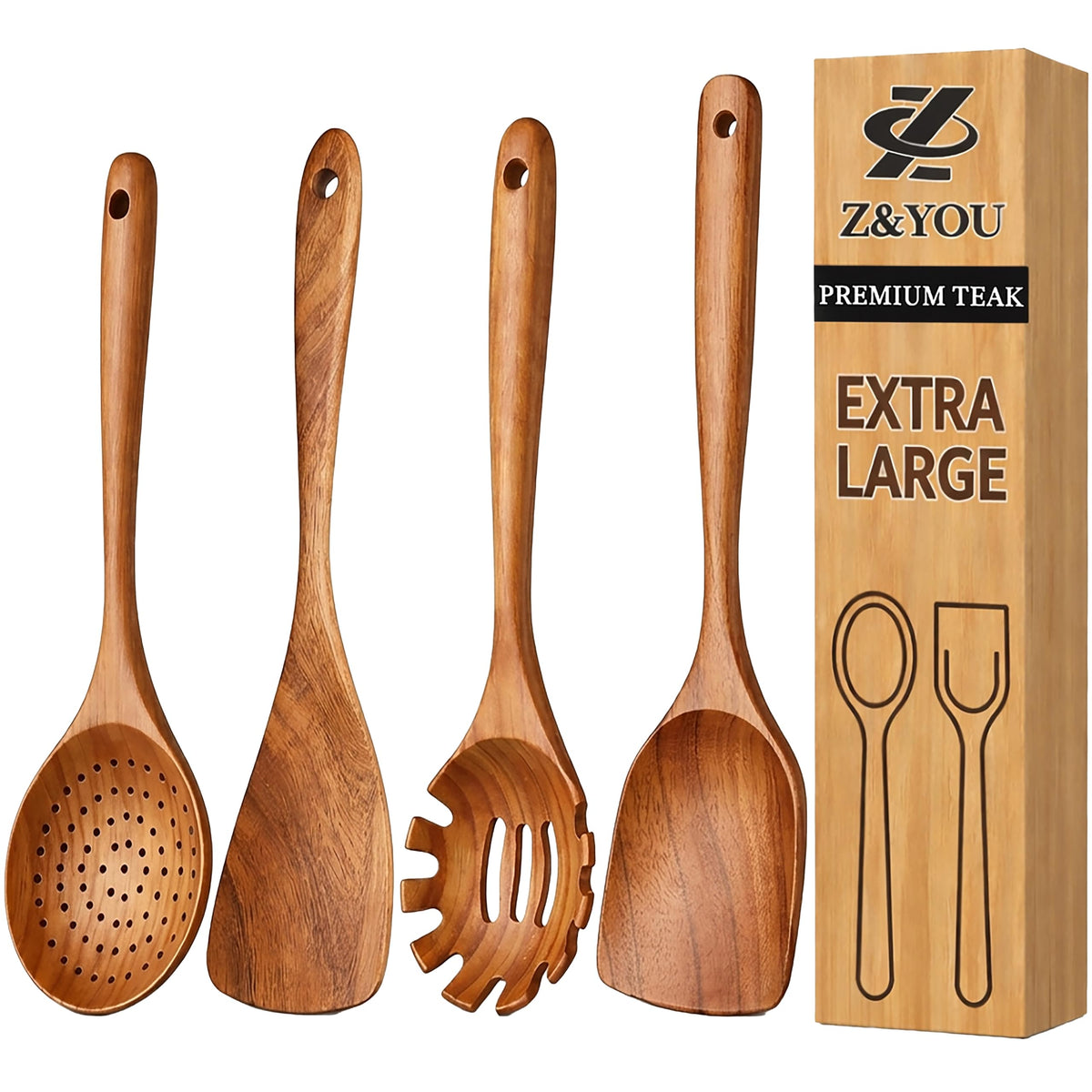 Extra-Large 4-Piece Teak Wooden Utensil Set – Non-Stick Wooden Spatula for Cooking, Skimmer Spoon & Spaghetti Spoon – Non Toxic Cooking Utensils