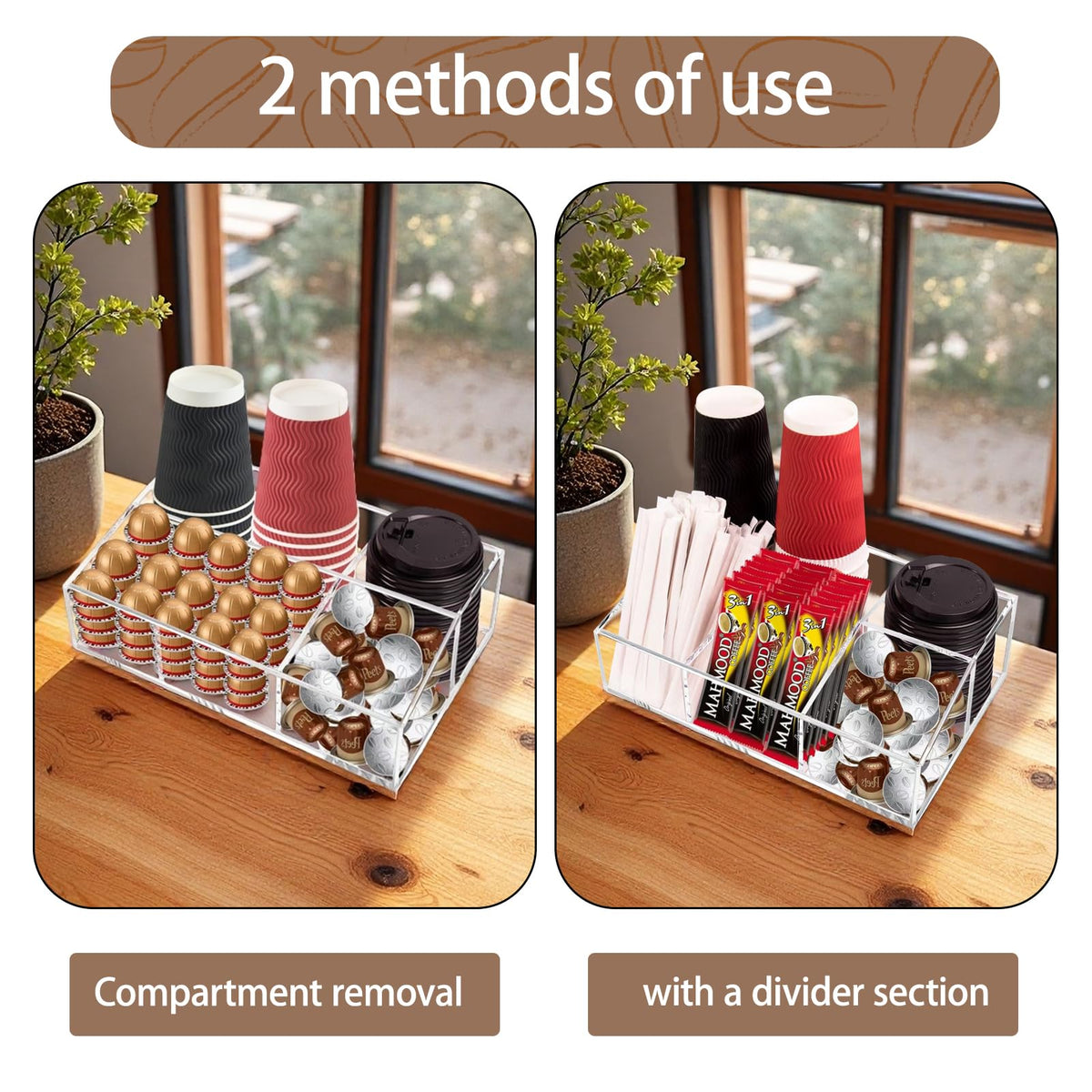 Goindy Coffee Station Organizer for Countertop - Clear Acrylic Coffee Bar Accessories and Organizer with Removable Dividers for Pods Condiment Syrup Tea Cups Stirrers Tea Bag - Farmhouse Table Decor