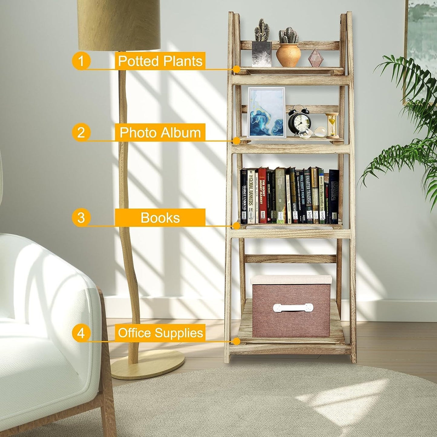 Wooden Ladder Shelf 4 Tier Bookshelf Foldable Storage Rack for Home, Bedroom, or Office (Natural Color)
