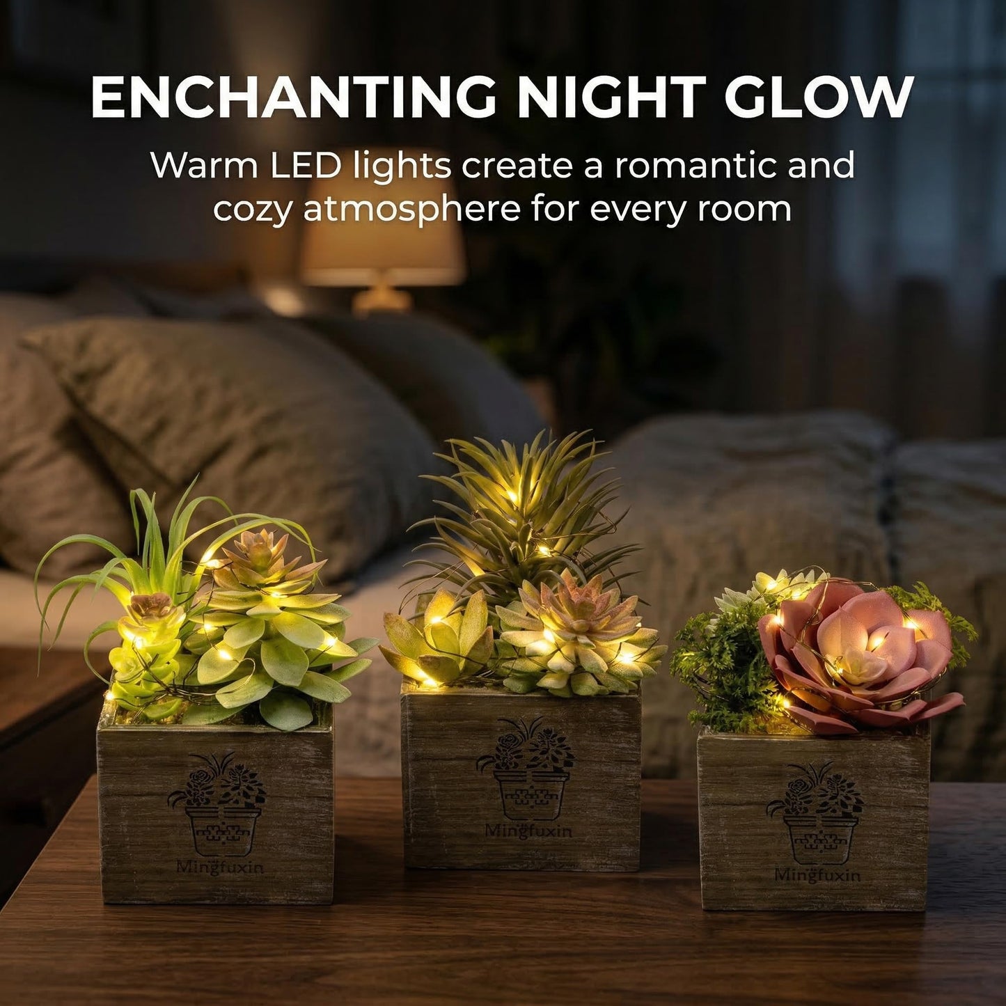 Mingfuxin Small Fake Plants, 3 Packs Mini Succulent Plants Artificial with Led Lights for Indoor Bathroom Bedroom Desk Office Decor