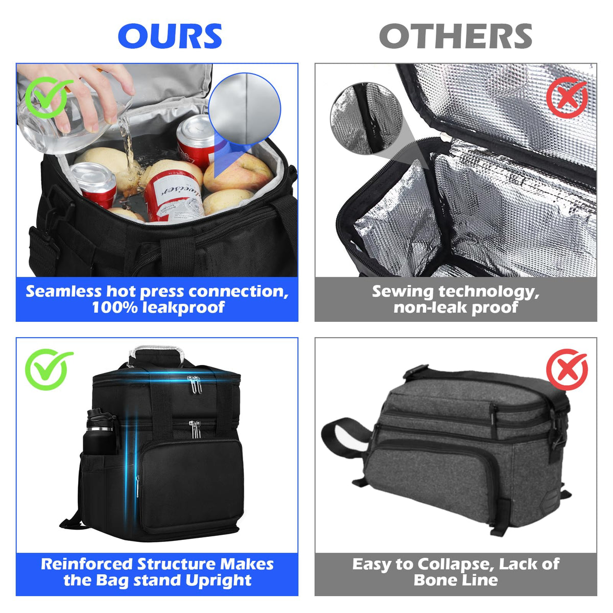 KALVATAY Insulated Lunch Bag, Lunch Box for Men, Double Deck Reusable Lunch Bag for Work Outdoor Picnic Day Trips - Heavy Duty Leakproof Cooler Bag Organizer for Adults(Black, 18L)