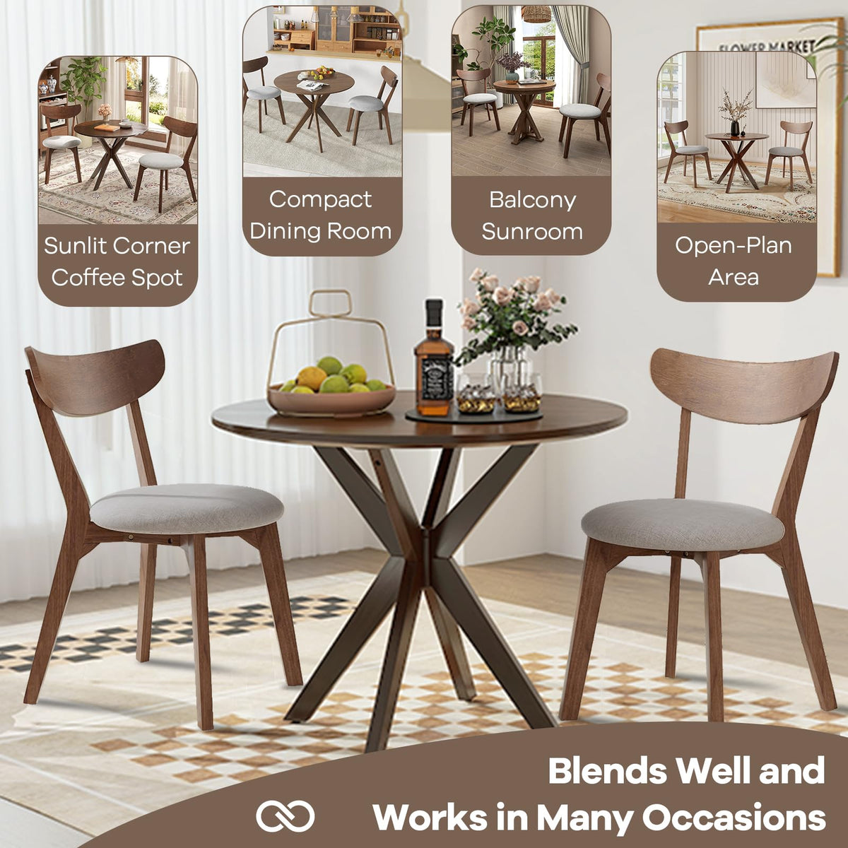 NAFORT Round Dining Table Set for 2, Mid-Century Modern Bistro Table and Chairs, Wood Kitchen Table w/Cushioned Chairs, Compact 3 Piece Dinette Set for Office, Small Spaces, Kitchen, Breakfast Nook