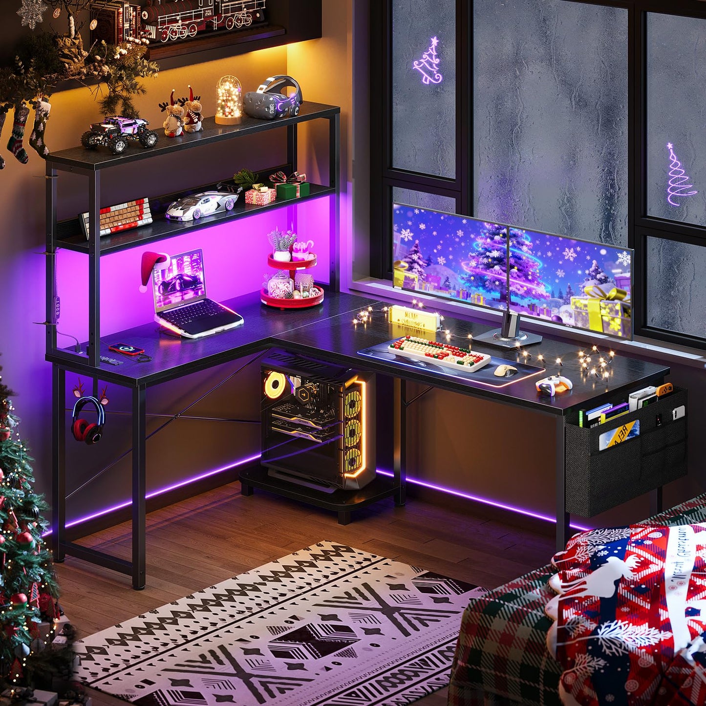 ODK 53 Inch L Shaped Gaming Desk with LED Lighting, Reversible Desk with Power Outlets, Cornor Computer Table with Storage Shelves & Bag & Iron Hook, Home Office Table for Writing, Study, Black