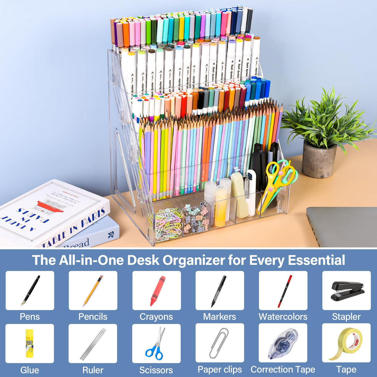 CELSOL Acrylic Marker Organizer – 4 Tier 20 Compartments for Pens, Markers, Art Supplies & Office Essentials – Clear Vertical Desk Storage for Home, Office & School