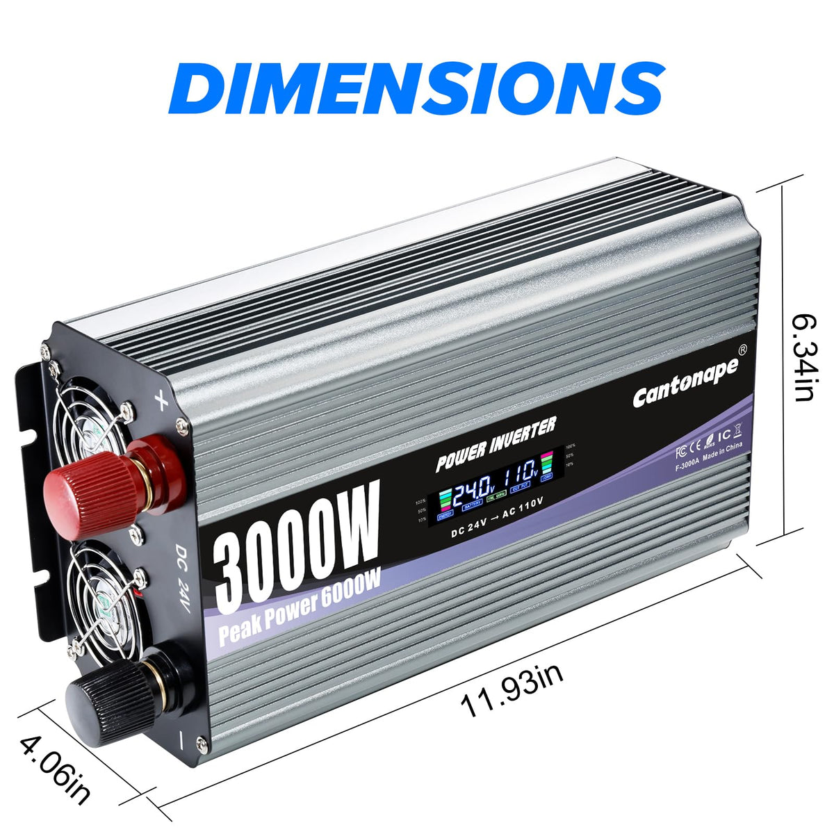 Cantonape 3000W Power Inverter 24V to 110V/120V DC to AC with LCD Display, Remote Controller and 4 x AC Outlets Car Adapter for Car Truck Boat RV Off Grid Solar System