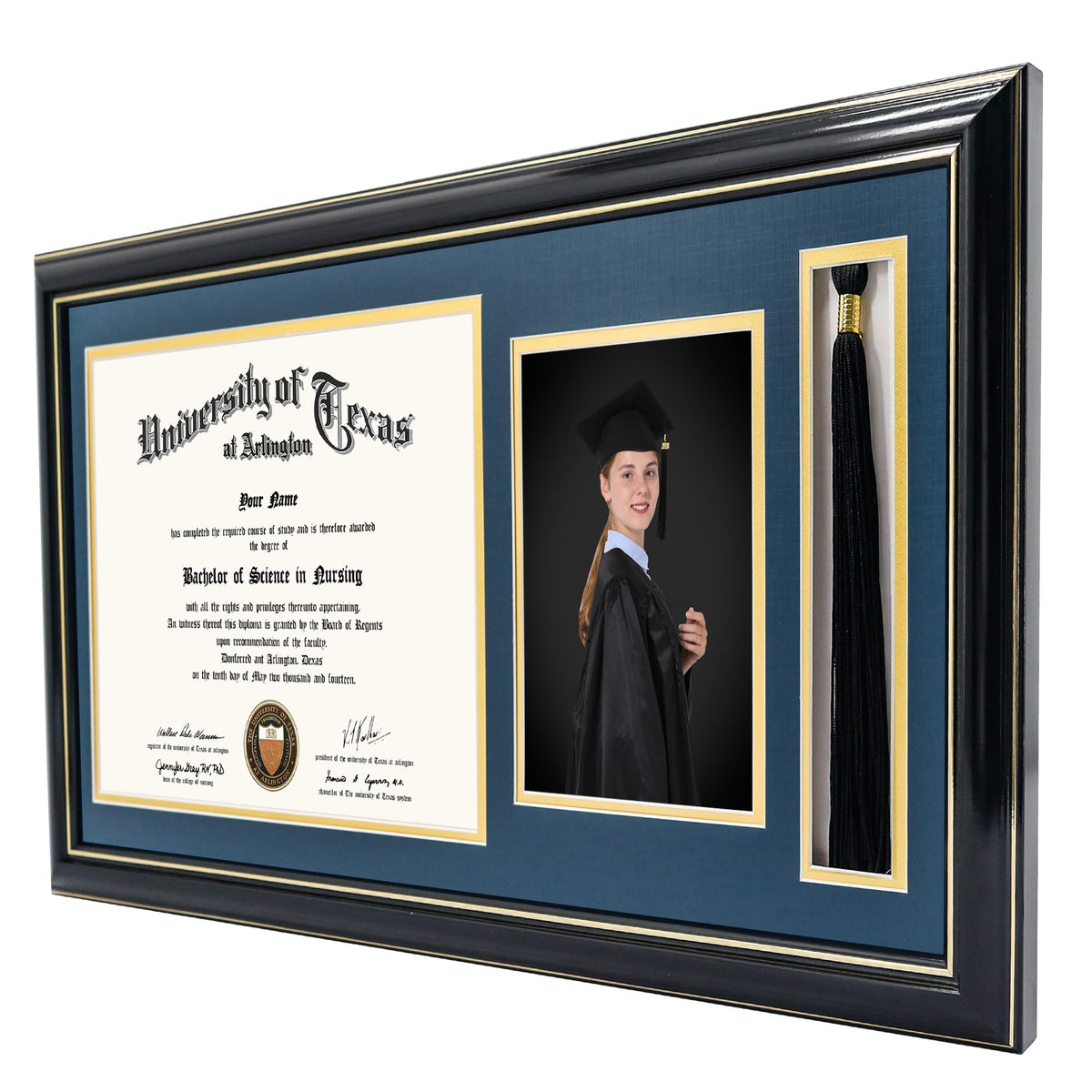 GraduationMall 11x22 Black Diploma Frame with Tassel Holder and Picture for 8.5x11 Certificate 5x7 Photo,Tempered Glass,Navy over Gold Mat