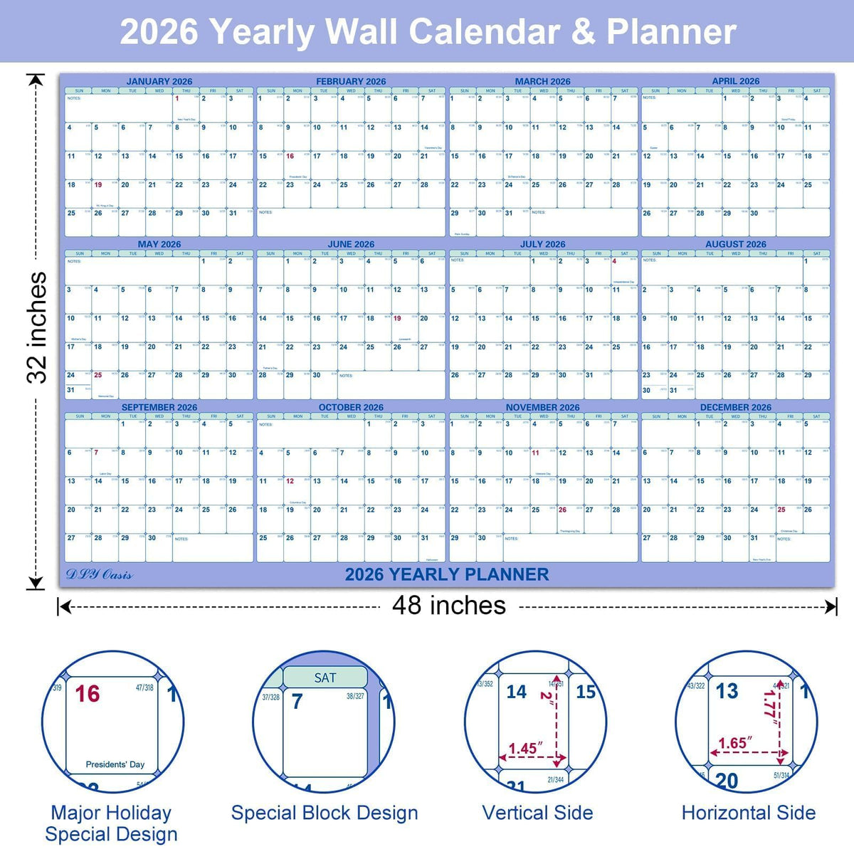 32" x 48" 2026 Wall Calendar, Folded Wet & Dry Erase Wall Calendar 12 Month, Yearly Laminated Wall Calendars, Reversible Annual Planner, Horizontal/Vertical, with Julian Dates