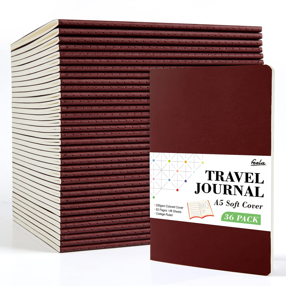 36 Pack Soft Cover Journal Bulk, Feela Lined Blank Travel Journal for Women Men Writing, Notebooks College Ruled for Work, Note Taking Notebook School Business Supplies, 8.2” x 5.5”, A5, Wine