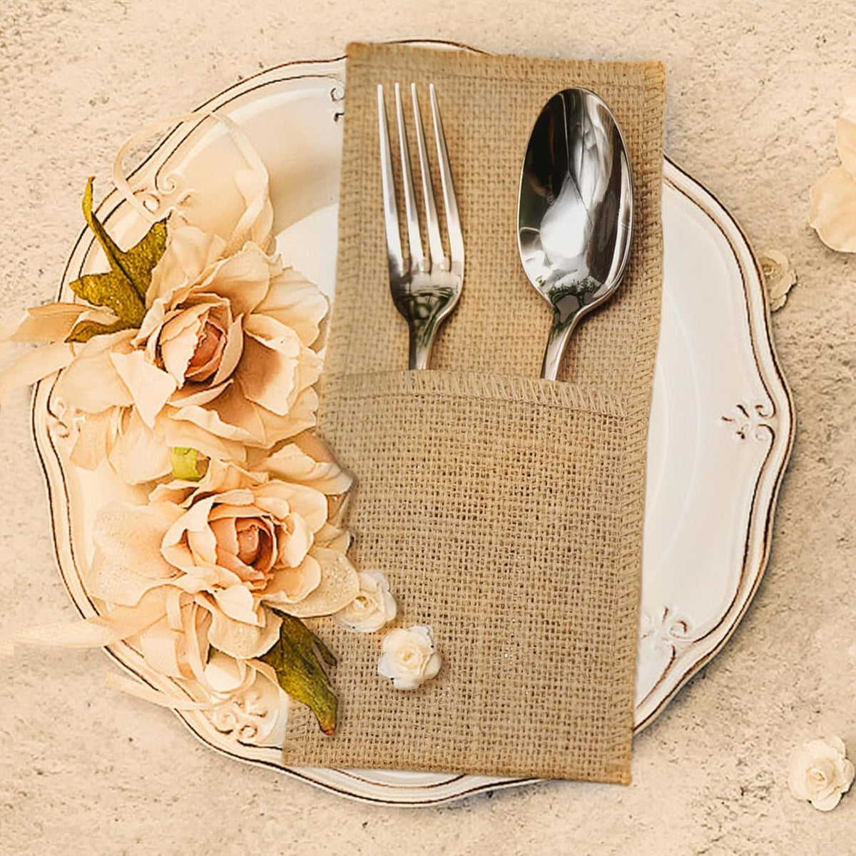 FQTANJU 50 Pcs Burlap Utensils Holders, 4"x8.8" Natural Jute Cutlery Pouch Silverware Holder Knives Forks Spoon Napkin Bag for Rustic Wedding Party Decorations favors