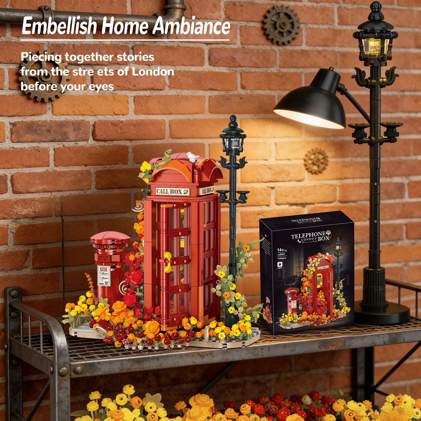chanbrick Red London Telephone Box Building Set with Roses Flower for Adults Girls, Mailbox Phone Booth Retro Model Souvenir for Home or Office Decor - 1142PCS