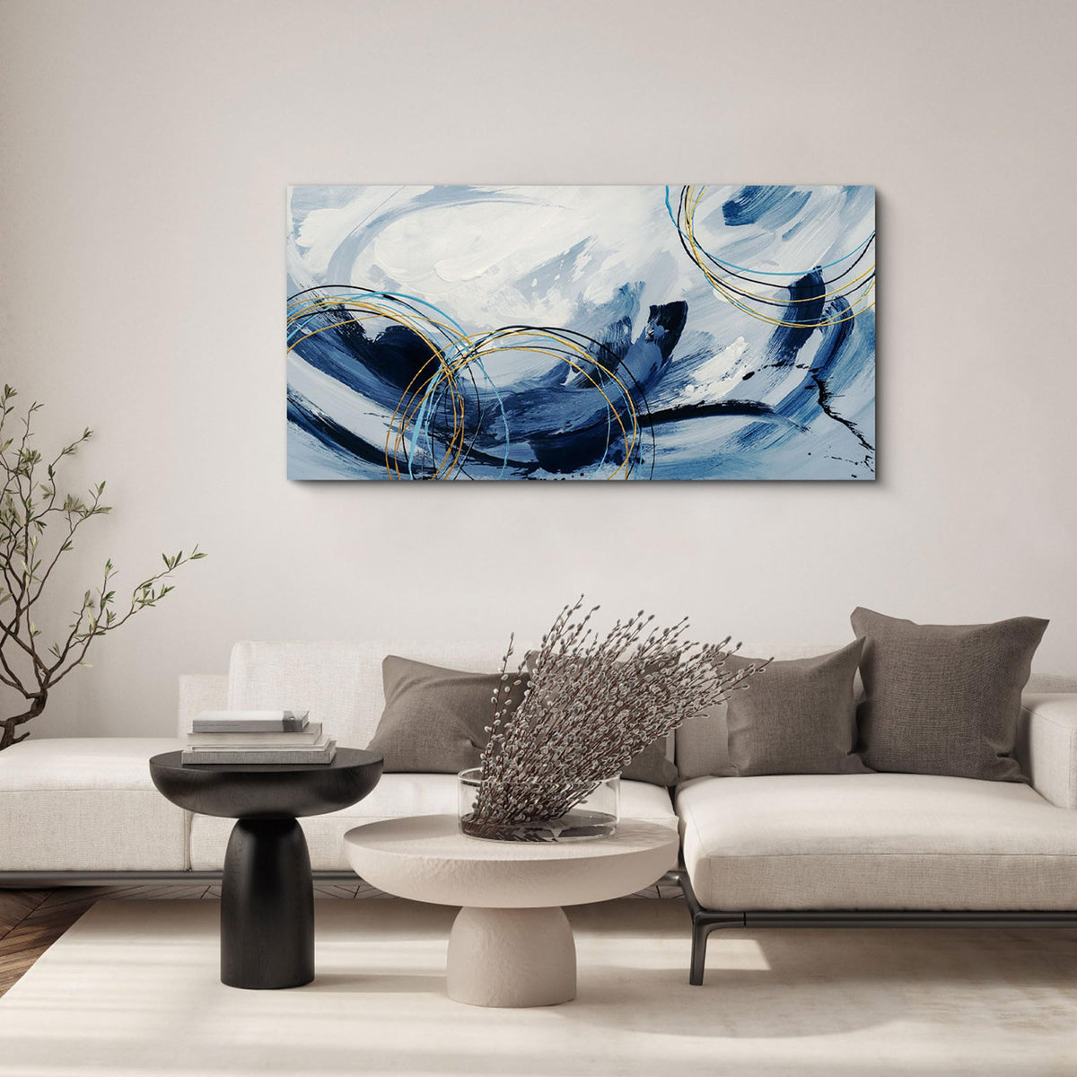 yiijeah Large Canvas Wall Art for Living Room - Blue and White Abstract Picture Framed Artwork for Walls Bohemian Minimalism Prints Paintsings Wall Decor for Office Bedroom 48x24 Inches