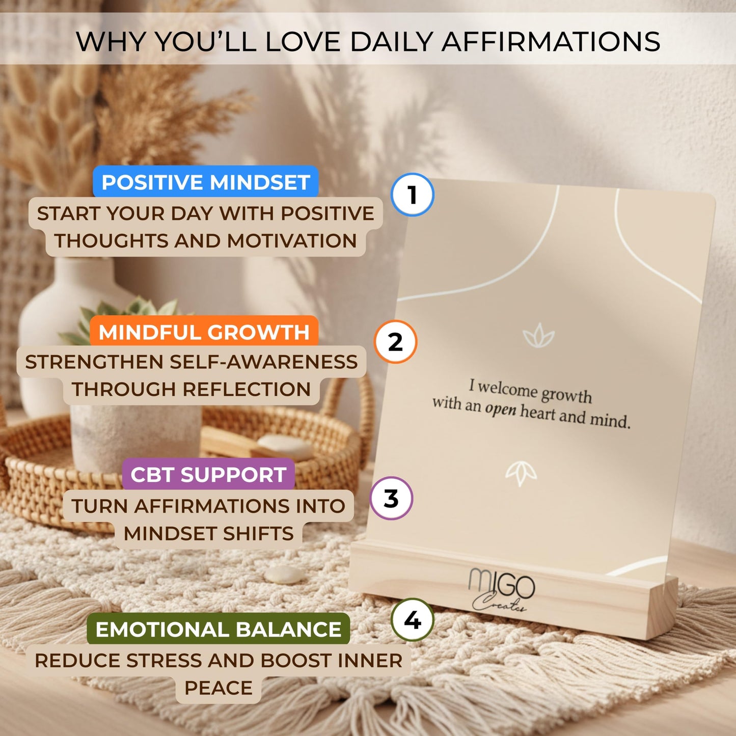 Mindful 60 Positive Affirmation Cards for Women with 10 Inspirational Tokens, 2 Rings & Display Stand, Daily Affirmations for Inspiration & Self Care, Unique Gift Cards for Women and Men