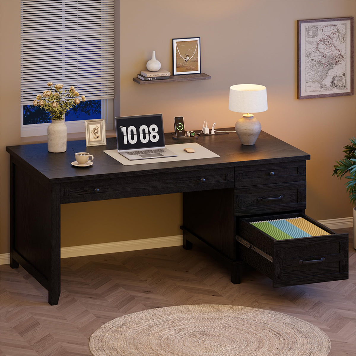 Garvee 53.5" Wooden Home Office Desk with File Drawers, Executive Desk with Power Outlet, Farmhouse Wood Desk with Storage, Distressed Study and Work Table, Rustic Black