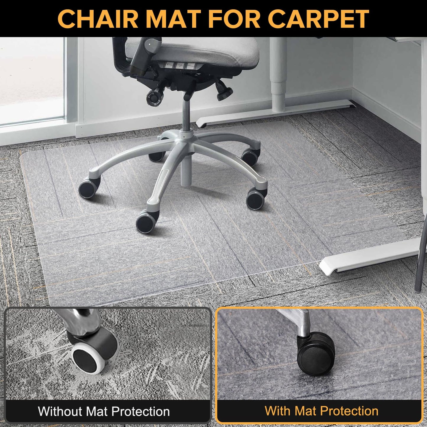 Clear Chair Mat for Carpet, QQpony 46" x 60" Office Chair Mat for Carpeted Floors, Heavy Duty Rolling Floor Protector Computer Desk Mat with Grips, Vinyl Floor Mat for Home Office (Clear)