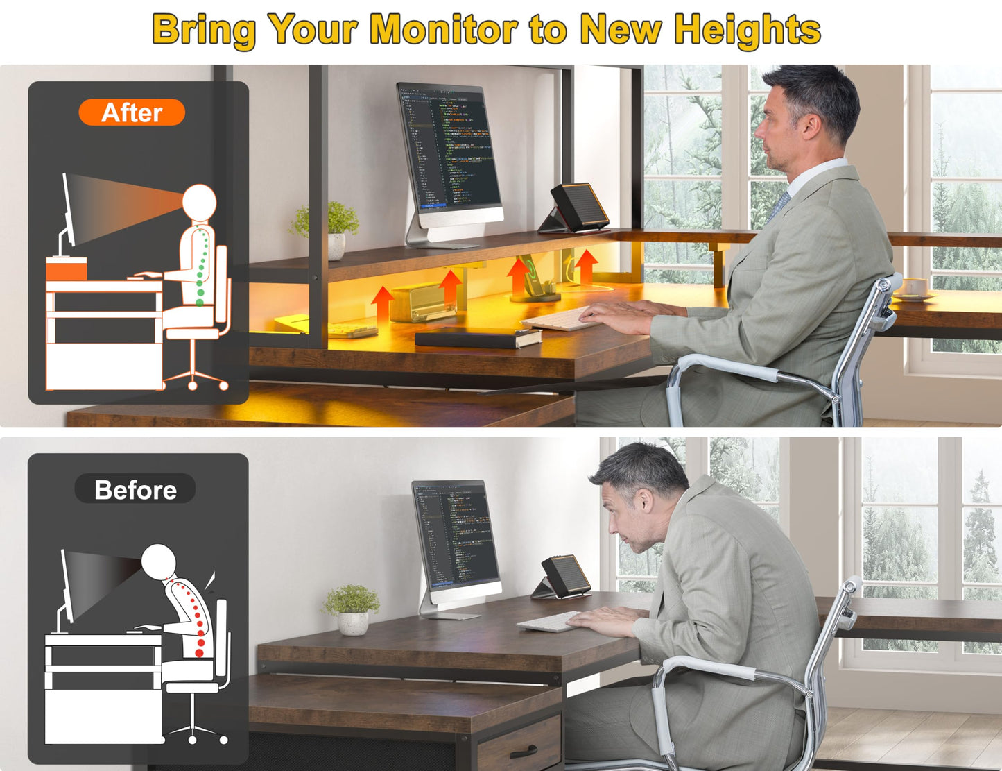 EnHomee 64 x 60 Inch L Shaped Desk with Hutch and Drawers,Reversible Gaming Desk with Power Outlet & Monitor Stand & LED Lights,Computer Corner Desk,Two Person Office Desk for Living,Bedroom,Brown