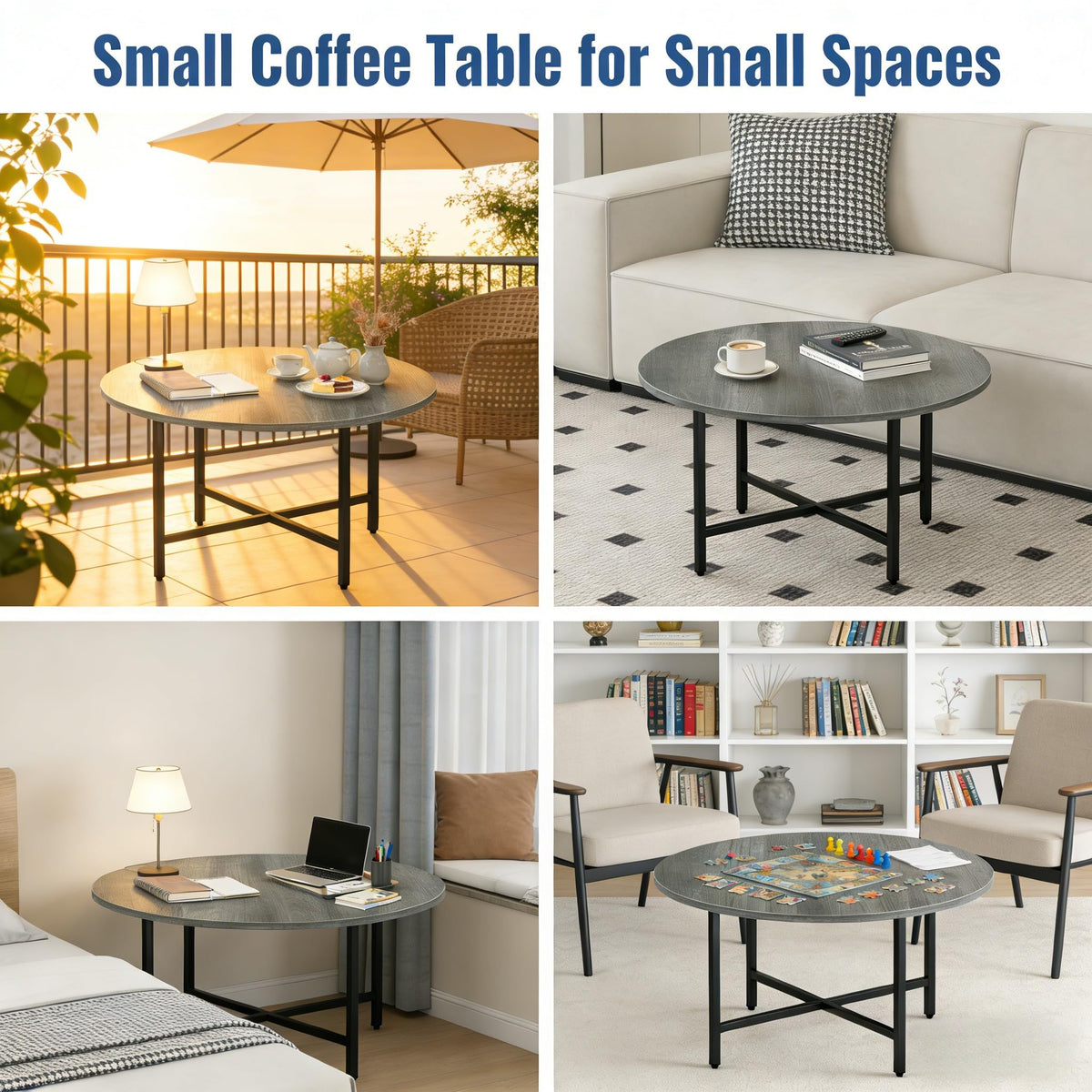 FAMIDGE Coffee Table, 23.6" Coffee Tables for Living Room, Round Coffee Table with Metal Frame, Floor Table for Sitting on The Floor, Home, Office, Elegant Gray