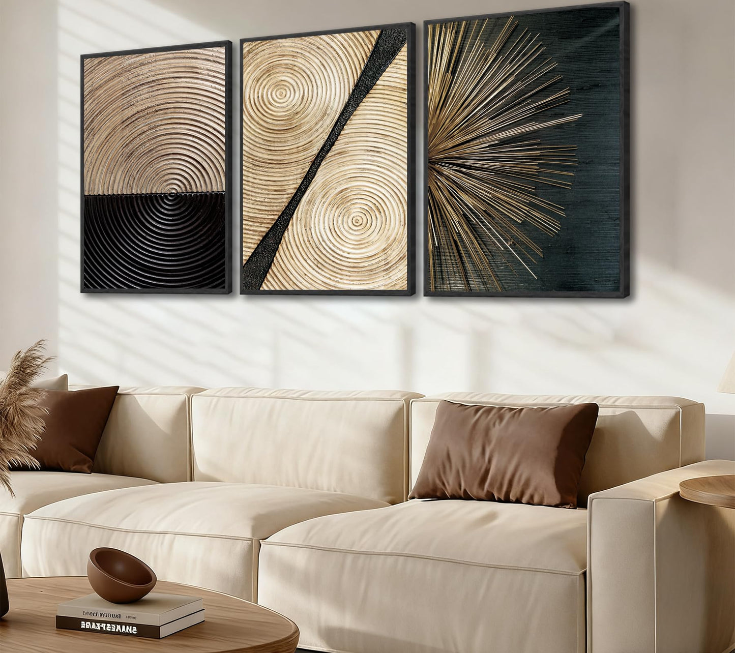 3Pcs Retro Wood Grain Canvas Wall Art Minimalist Black Gold Abstract Line Painting Pictures Wall Decor Neutral Geometric Beige Brown Poster Prints for Bedroom Office Decoration 12x16in Unframed