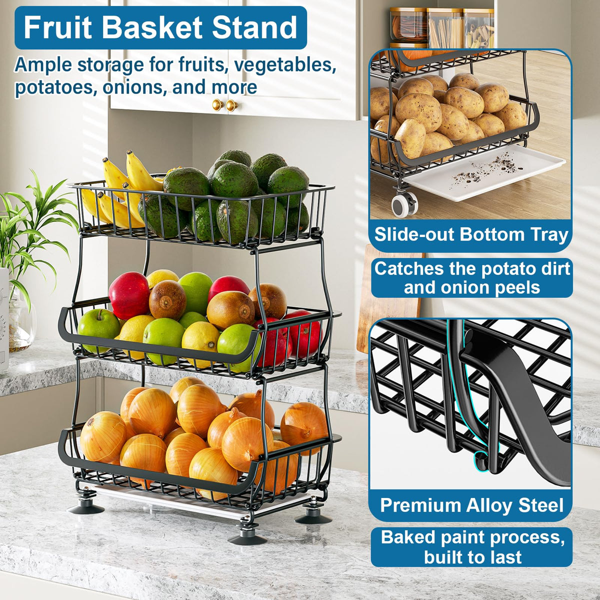 OKZEST 3-Tier Rolling Pantry Floor Organizer and Storage Cart with Wheels, Stackable Wire Pantry Baskets for Pantry Shelves, Kitchen Fruit Basket Stand and Storage Rack for Fruit Snack Onion Potato